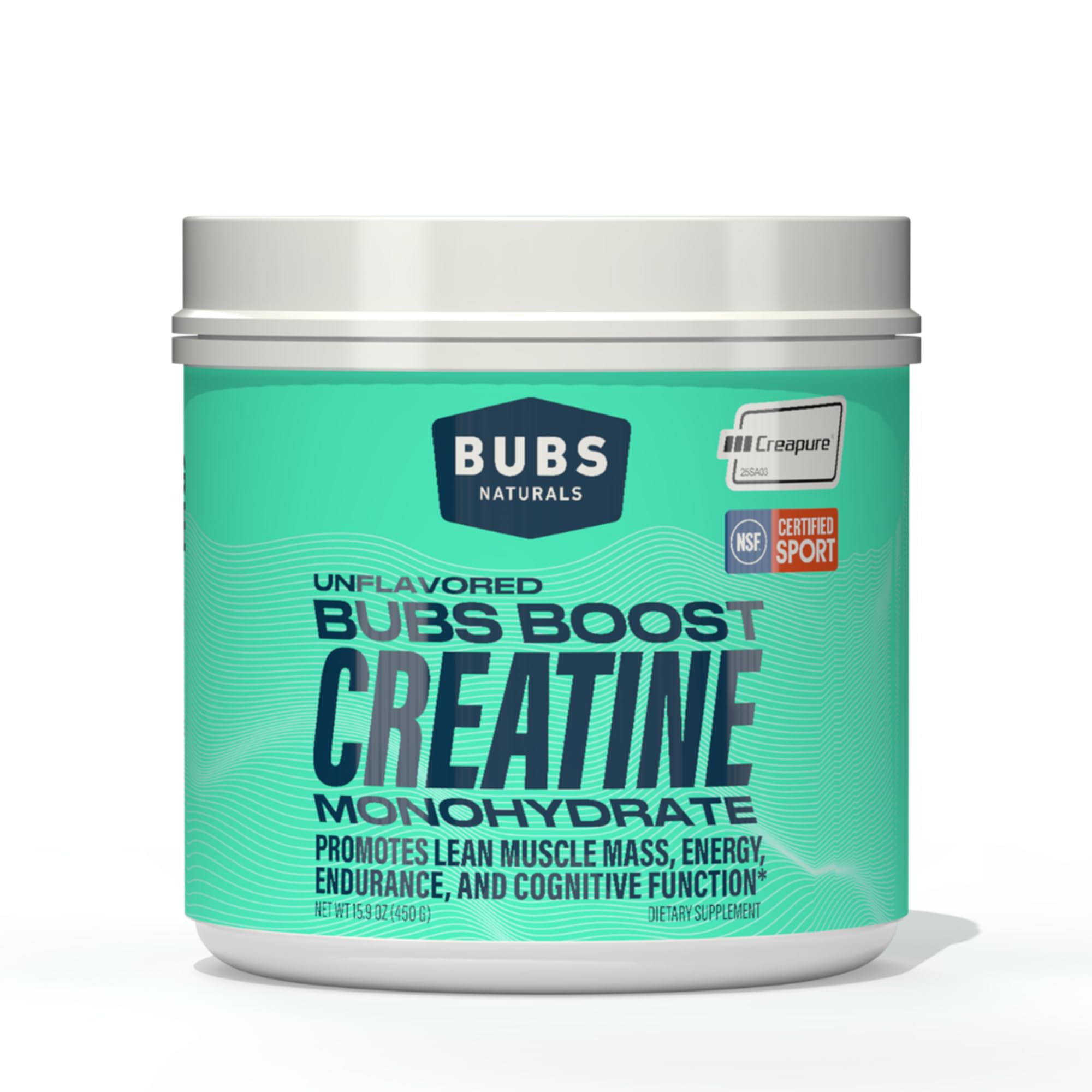 BUBS Boost: envase frontal mostrando Creapure® y certificación NSF, confianza para deportistas