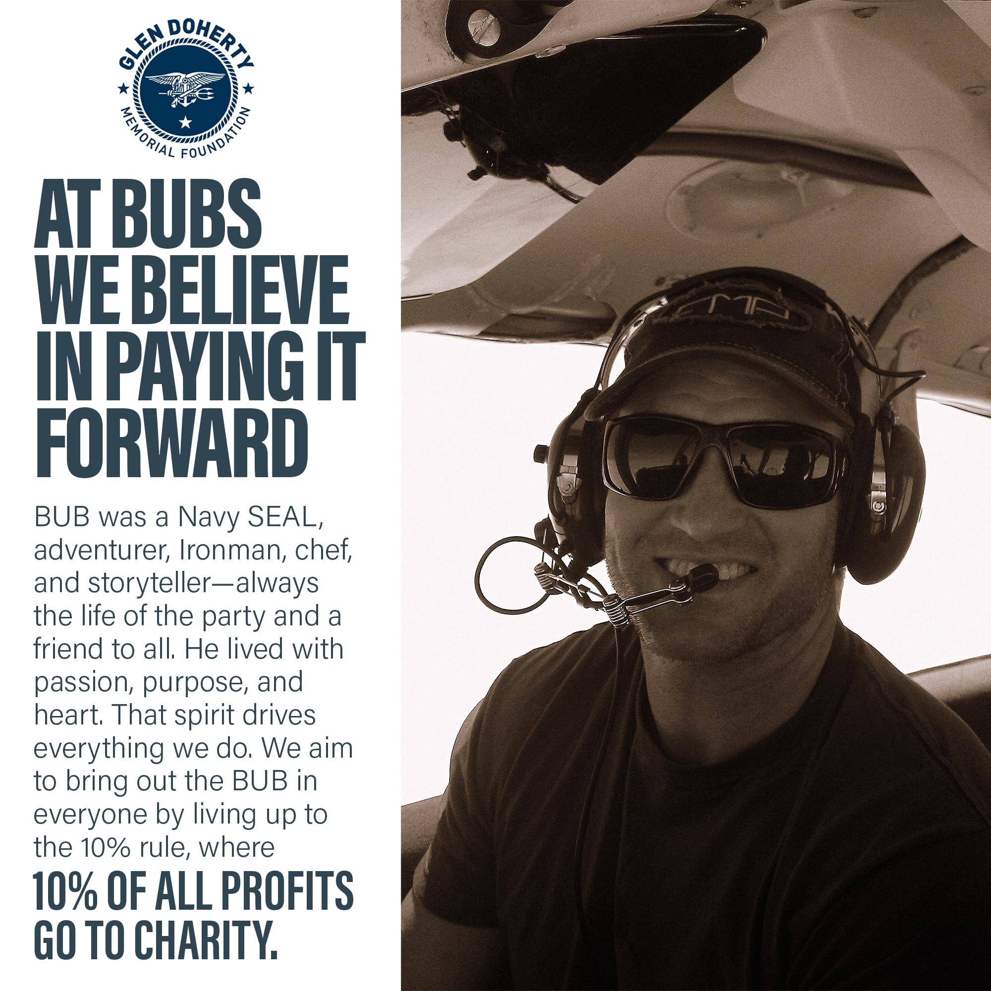 Empaque de BUBS Boost con logotipo y mención de donaciones a la Glen Doherty Memorial Foundation