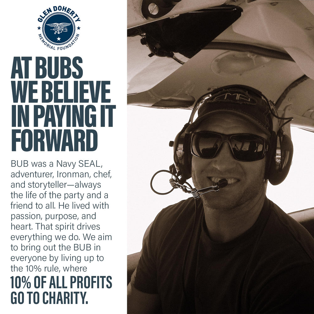 Empaque de BUBS Boost con logotipo y mención de donaciones a la Glen Doherty Memorial Foundation