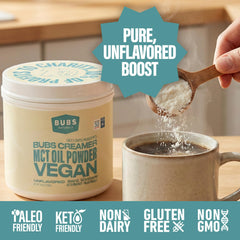 Batido proteico con BUBS Naturals en botella, ofrece energía rápida y sabor neutro
