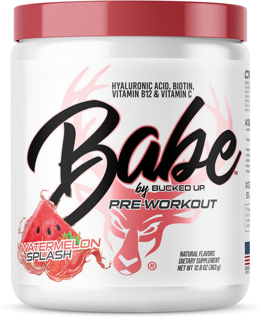 Bucked Up bote frontal mostrando diseño y sabor Watermelon Splash, beneficios claros