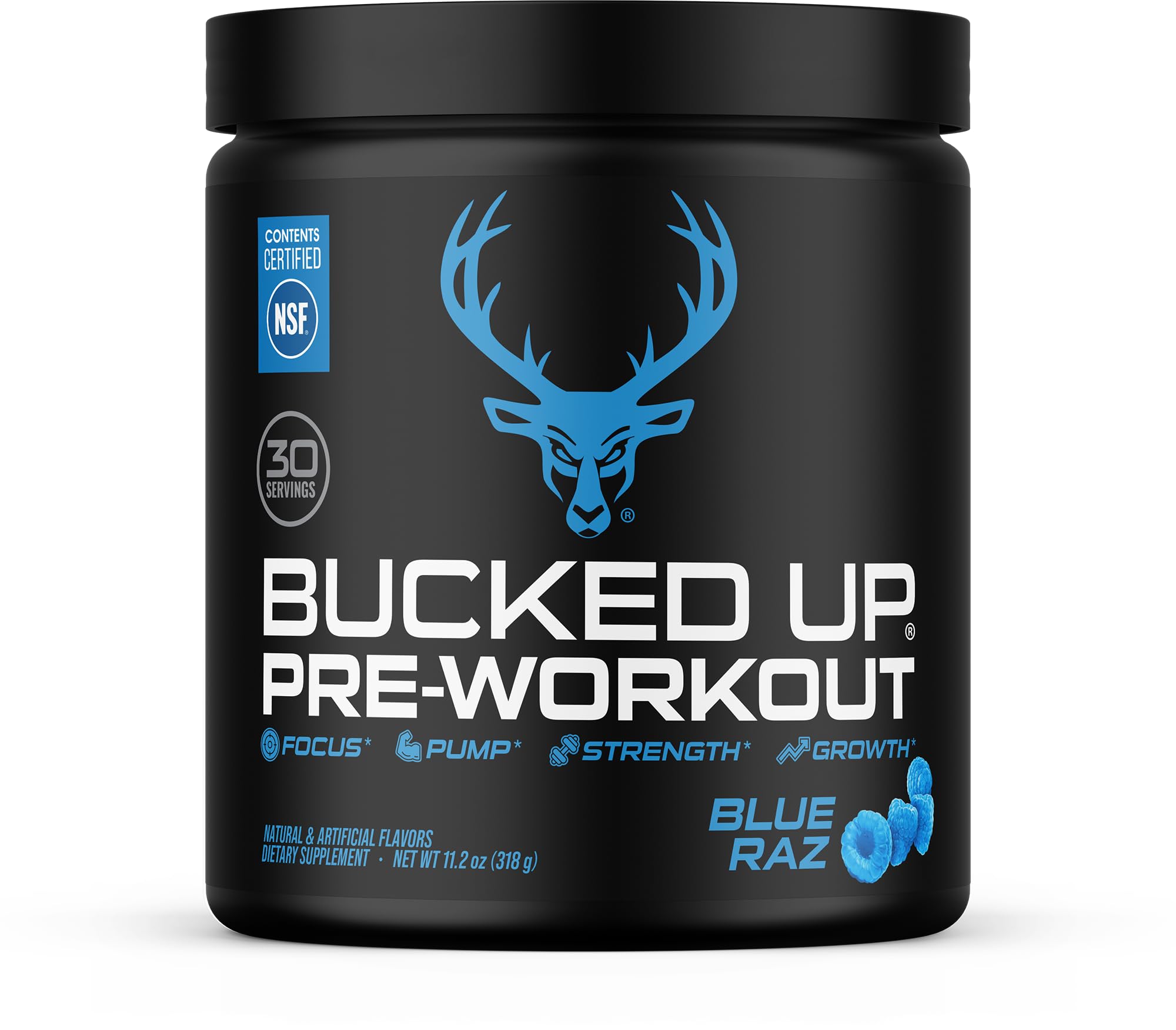 Bucked Up envase frontal Blue Raz mostrando sabor atractivo y claridad de etiqueta