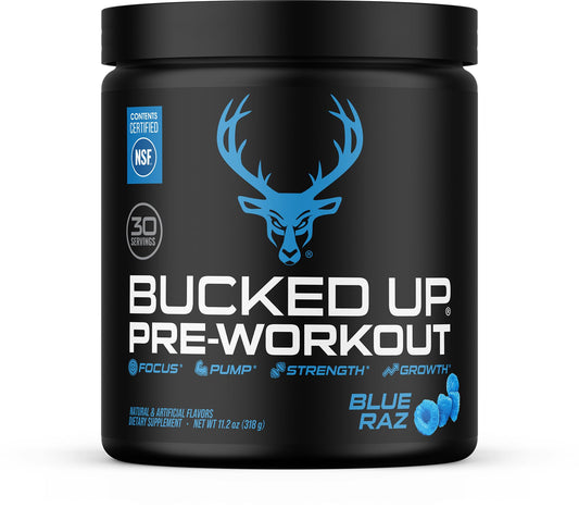 Bucked Up envase frontal Blue Raz mostrando sabor atractivo y claridad de etiqueta