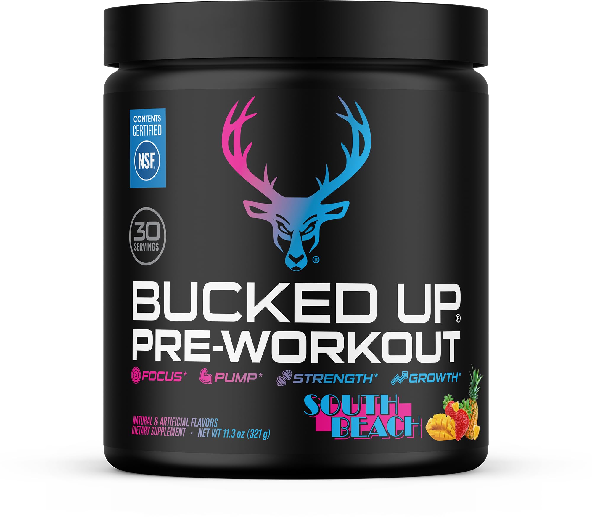 Bucked Up envase frontal mostrando etiqueta transparente y beneficios