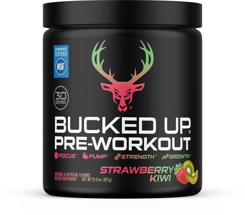 Bucked Up vista frontal del envase mostrando sabor Strawberry Kiwi y atractivo visual