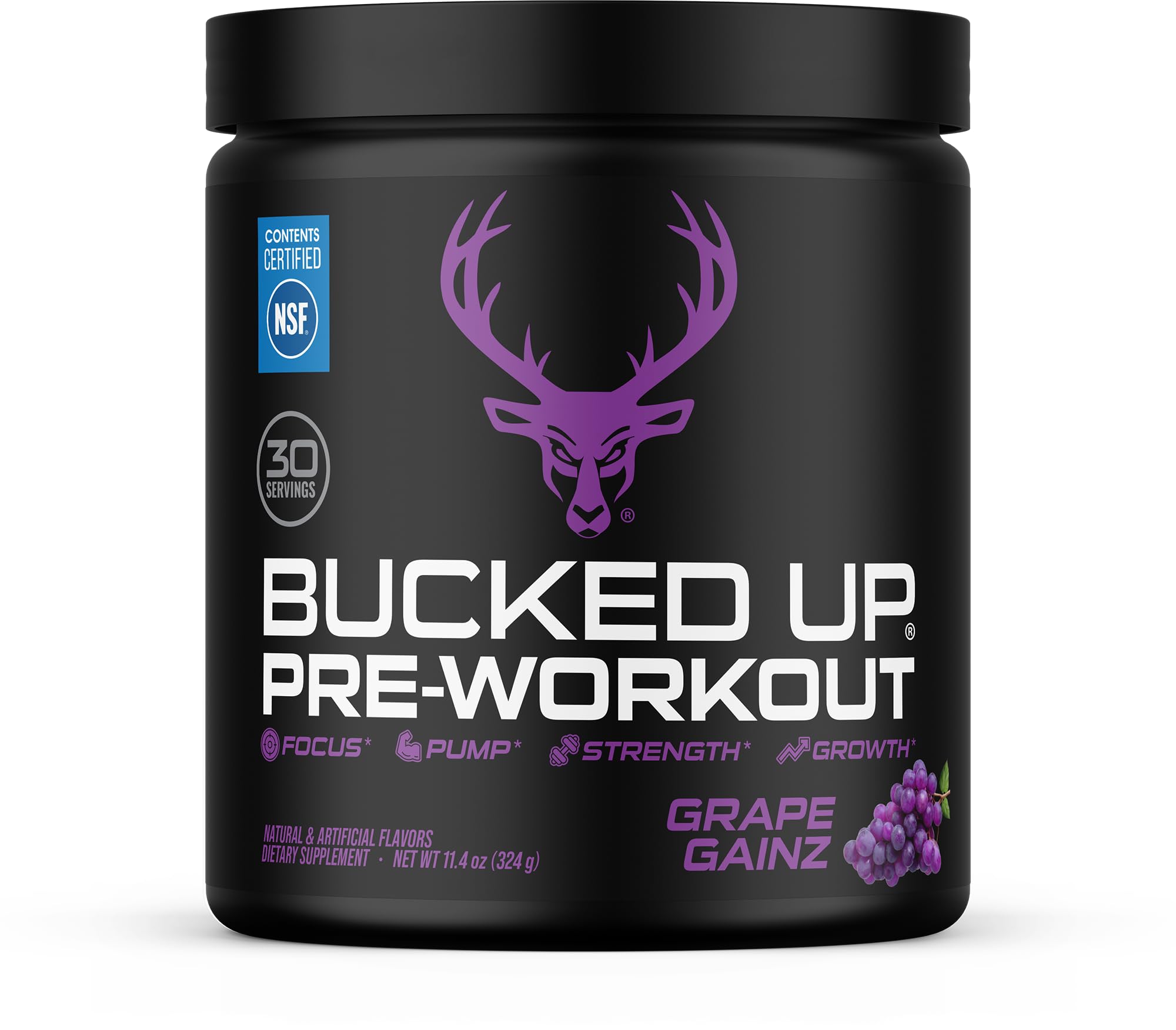 Bucked Up frontal del envase mostrando el sabor grape y enfoque energético