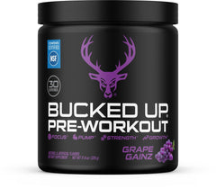 Bucked Up frontal del envase mostrando el sabor grape y enfoque energético