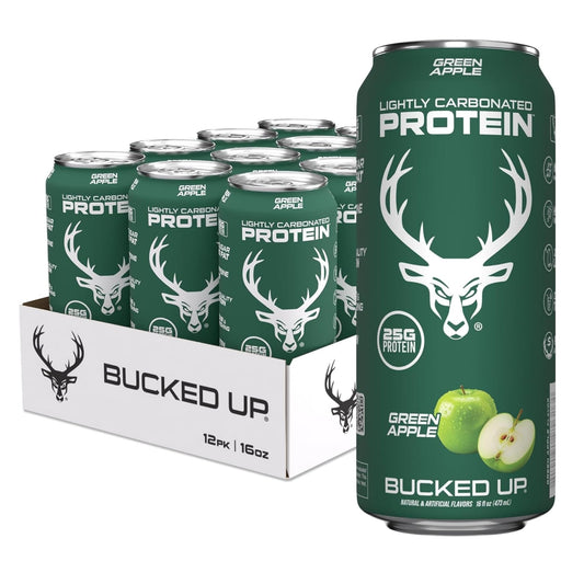 Bucked Up lata frontal green apple mostrando diseño y beneficio refrescante