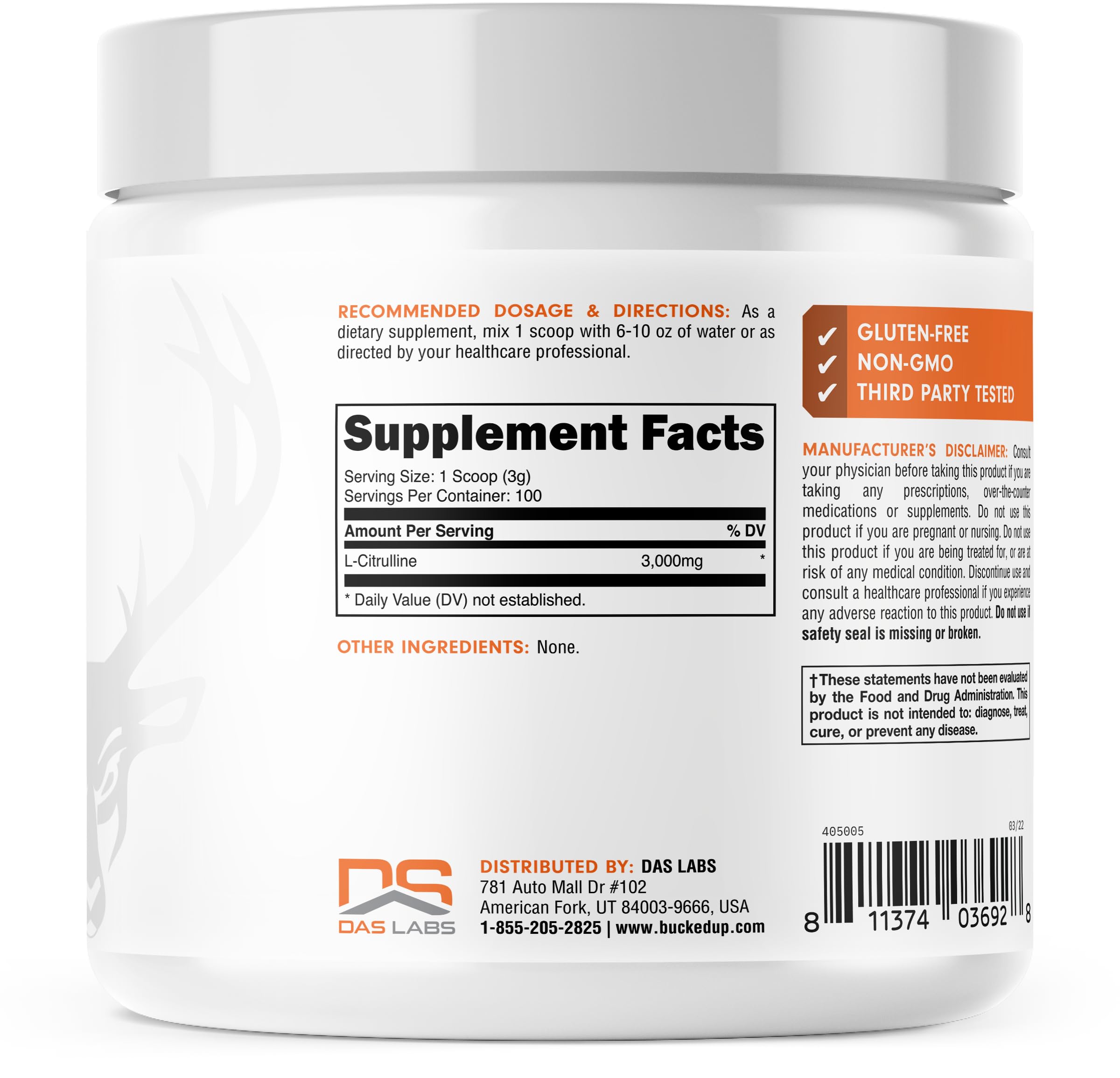 Polvo fino Bucked Up L-Citrulline resaltando textura para mezclar