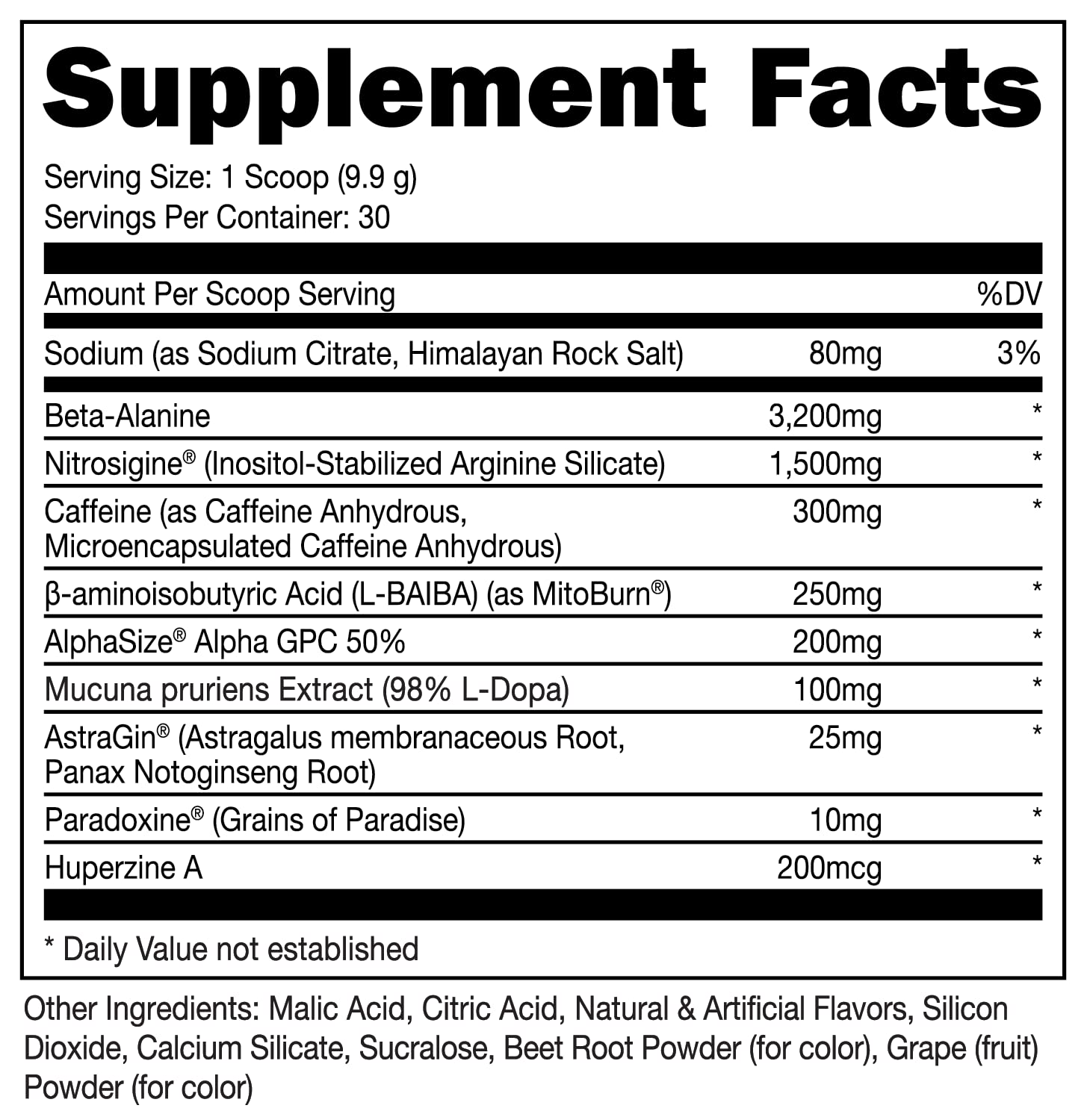 Bucked Up etiqueta nutricional legible, información clara de ingredientes y dosis