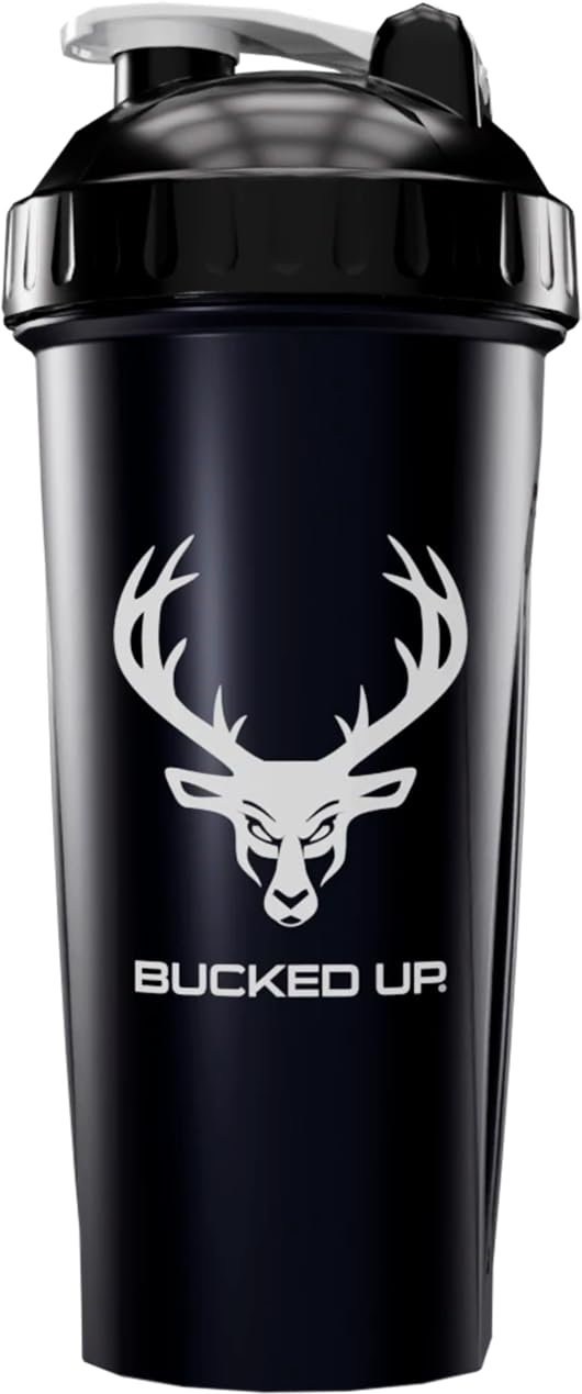 Bucked Up botella frente negro con logo blanco, diseño hermético y práctica