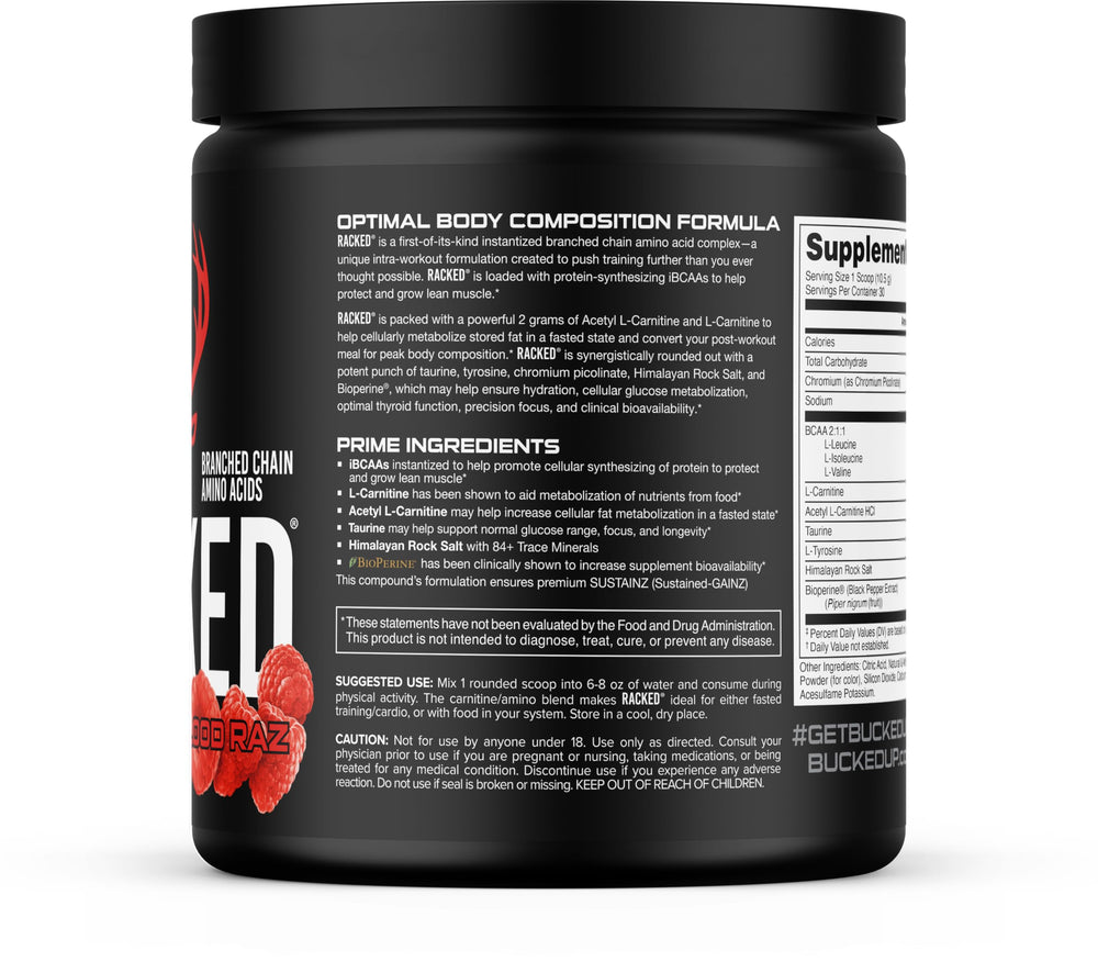Bucked Up etiqueta con tabla nutricional y lista de ingredientes