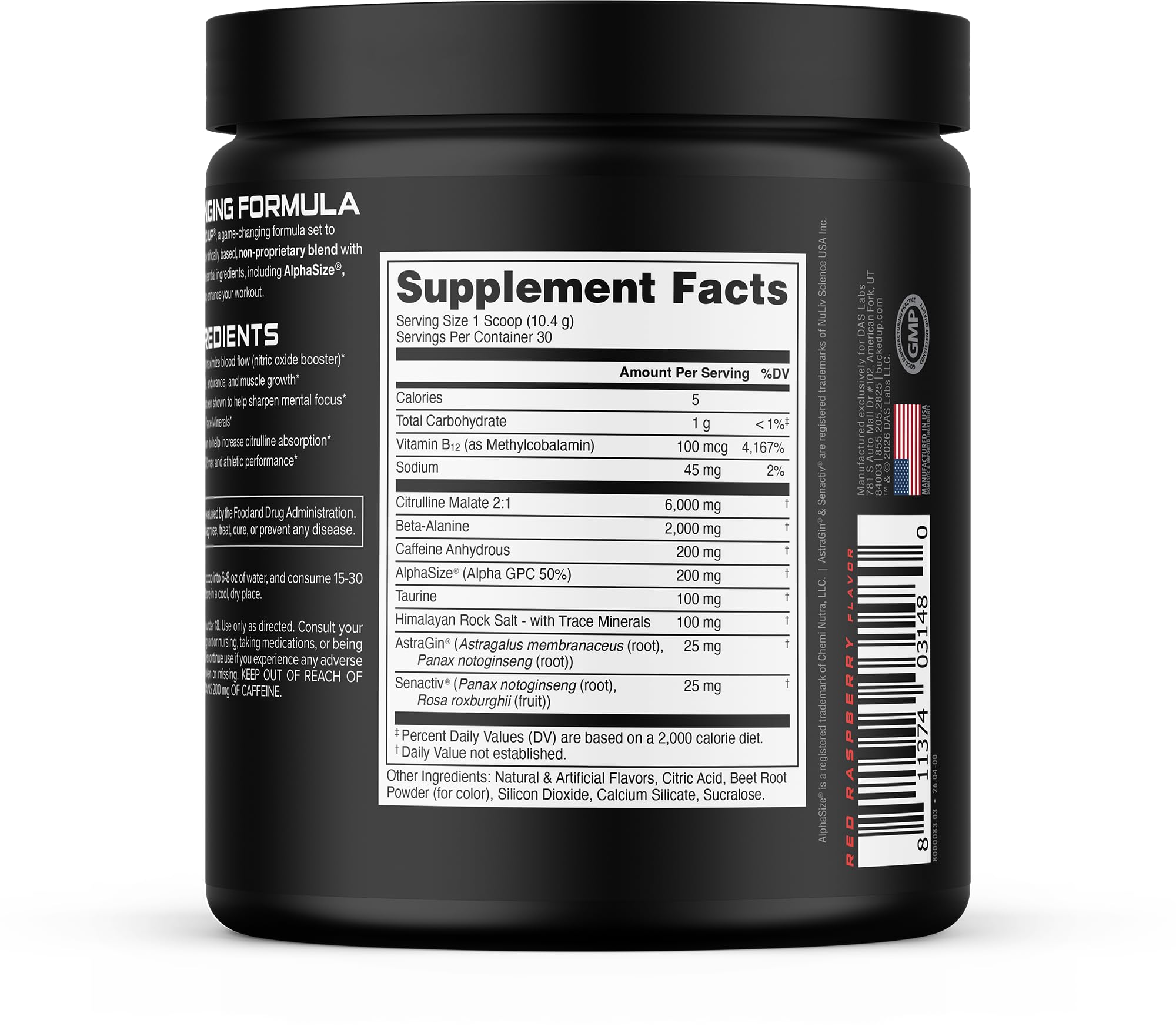Bucked Up etiqueta nutricional en primer plano mostrando dosis y ingredientes