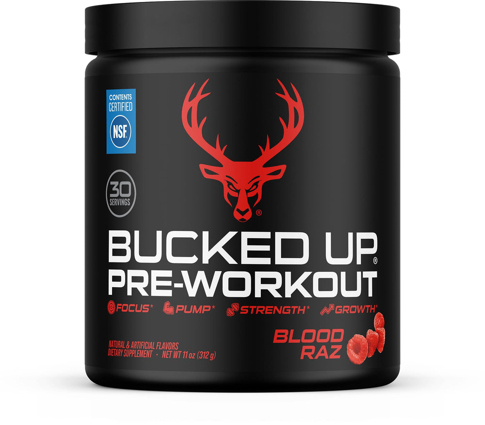 Bucked Up bote frontal mostrando el diseño y el sabor Red Raz, atractivo visual
