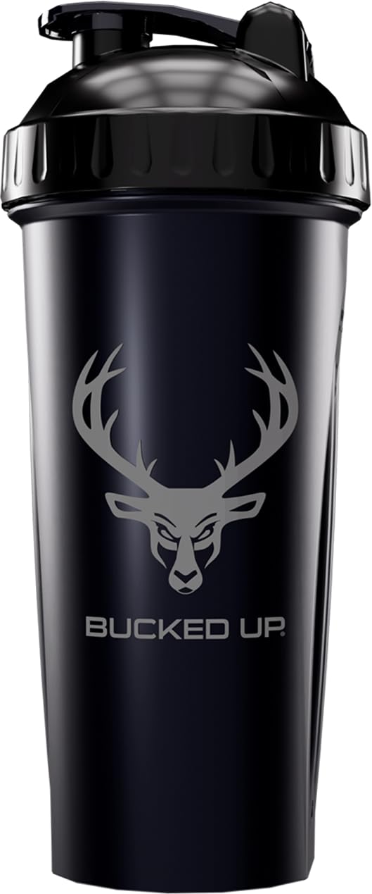 Bucked Up botella frontal negra con logo gris, cierre hermético y estilo resistente