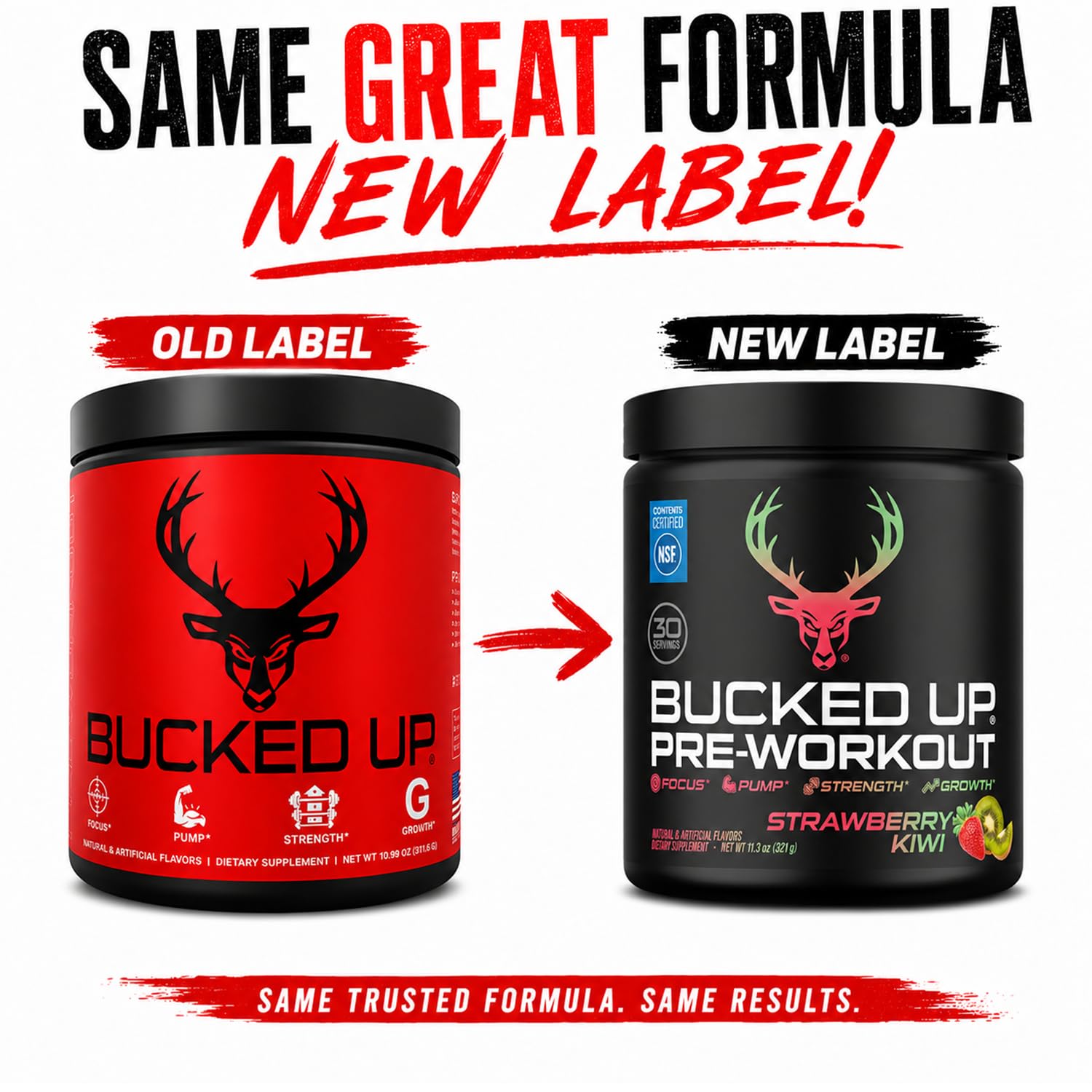Bucked Up comparación de porción junto a cucharilla para referencia de tamaño