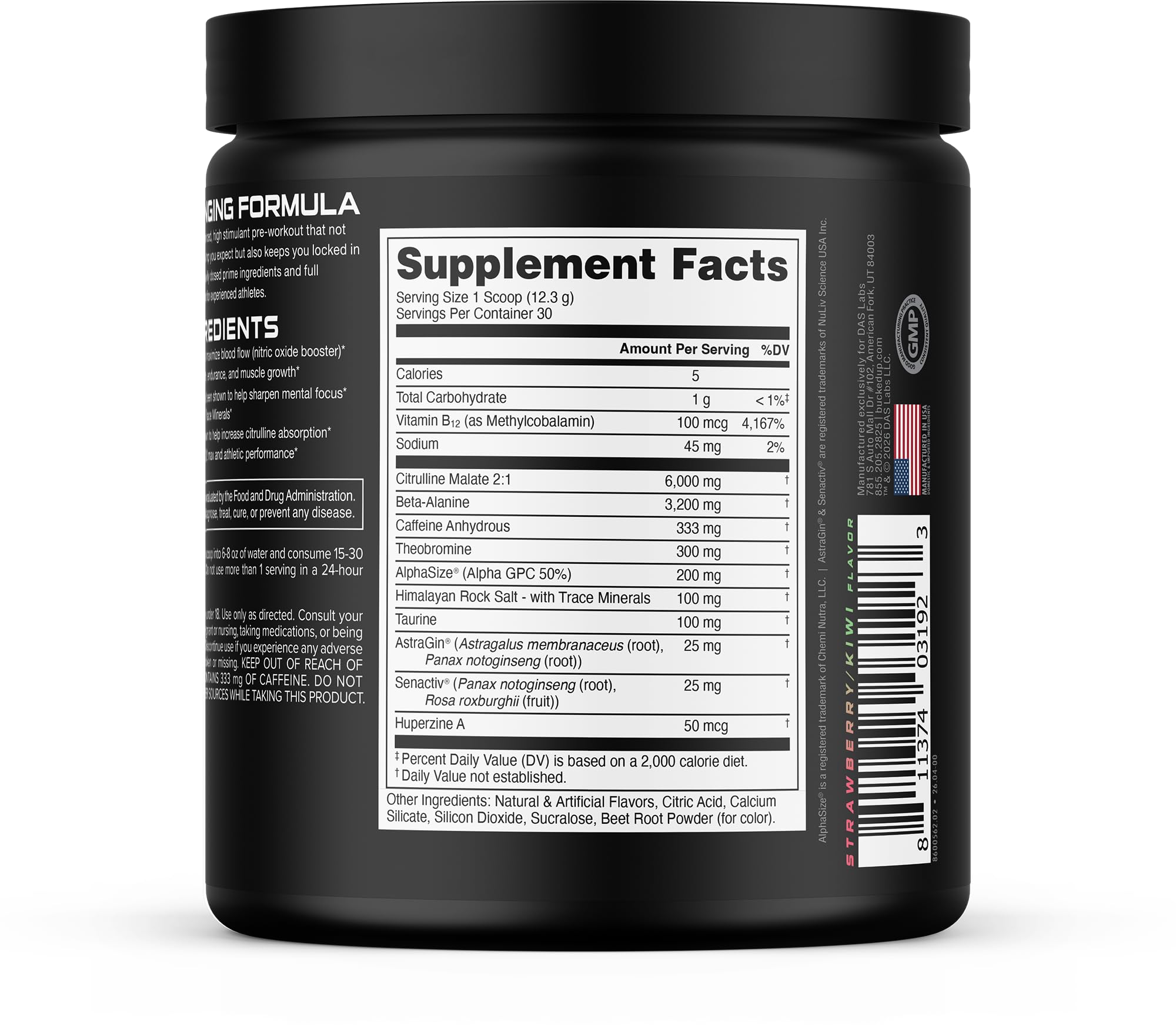 Bucked Up etiqueta nutricional legible que muestra ingredientes y dosificación