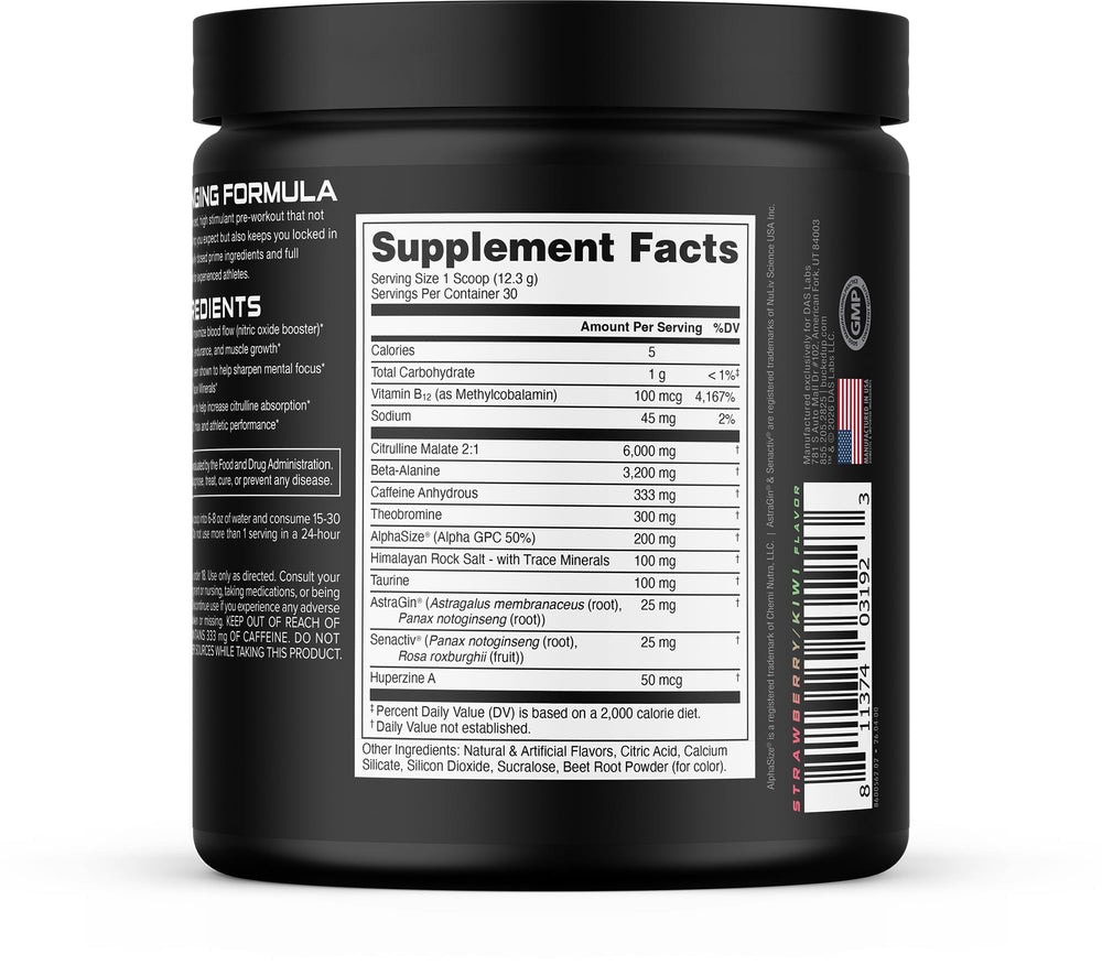 Bucked Up etiqueta nutricional legible que muestra ingredientes y dosificación