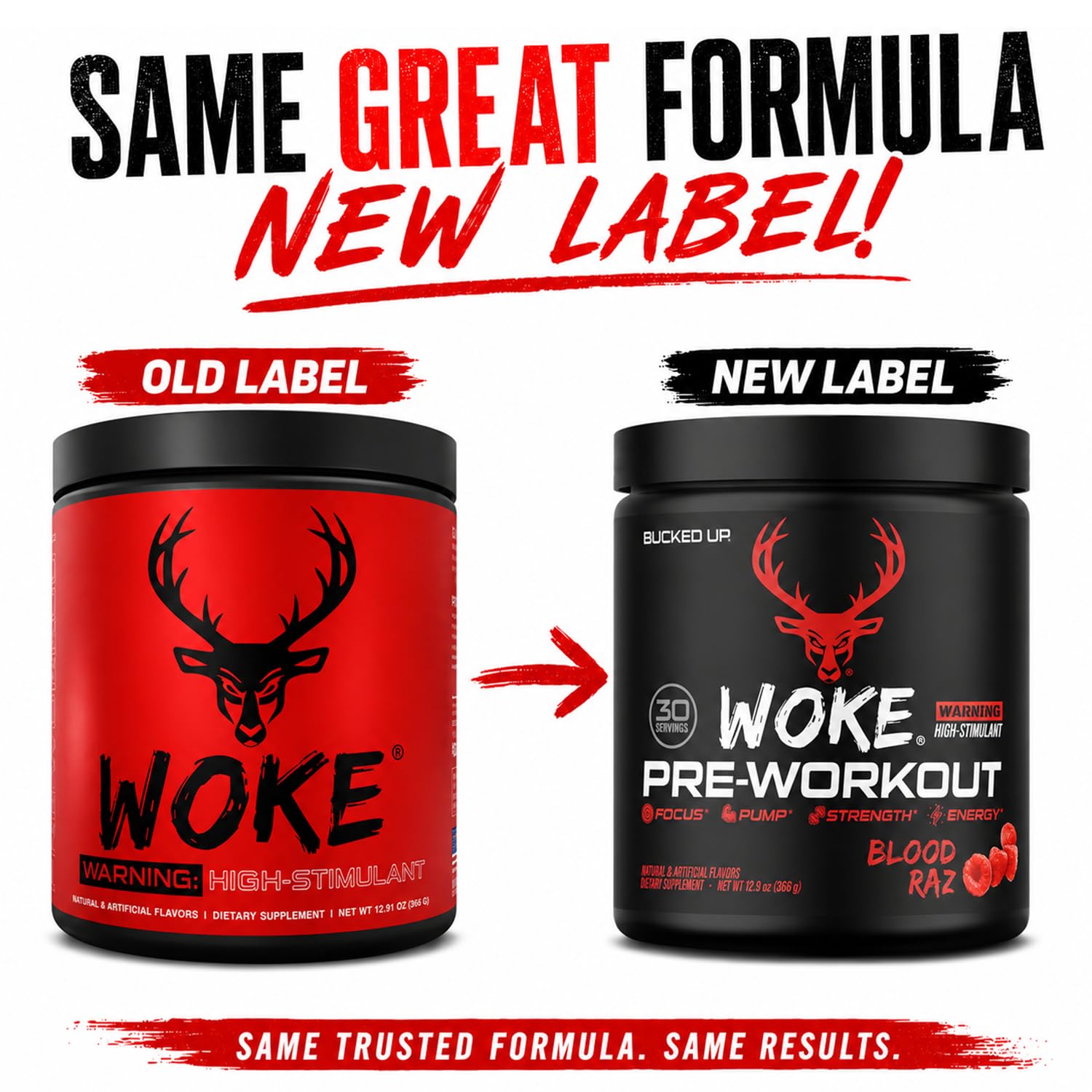 Bucked Up Woke detalle de etiqueta nutricional y lista de ingredientes clave