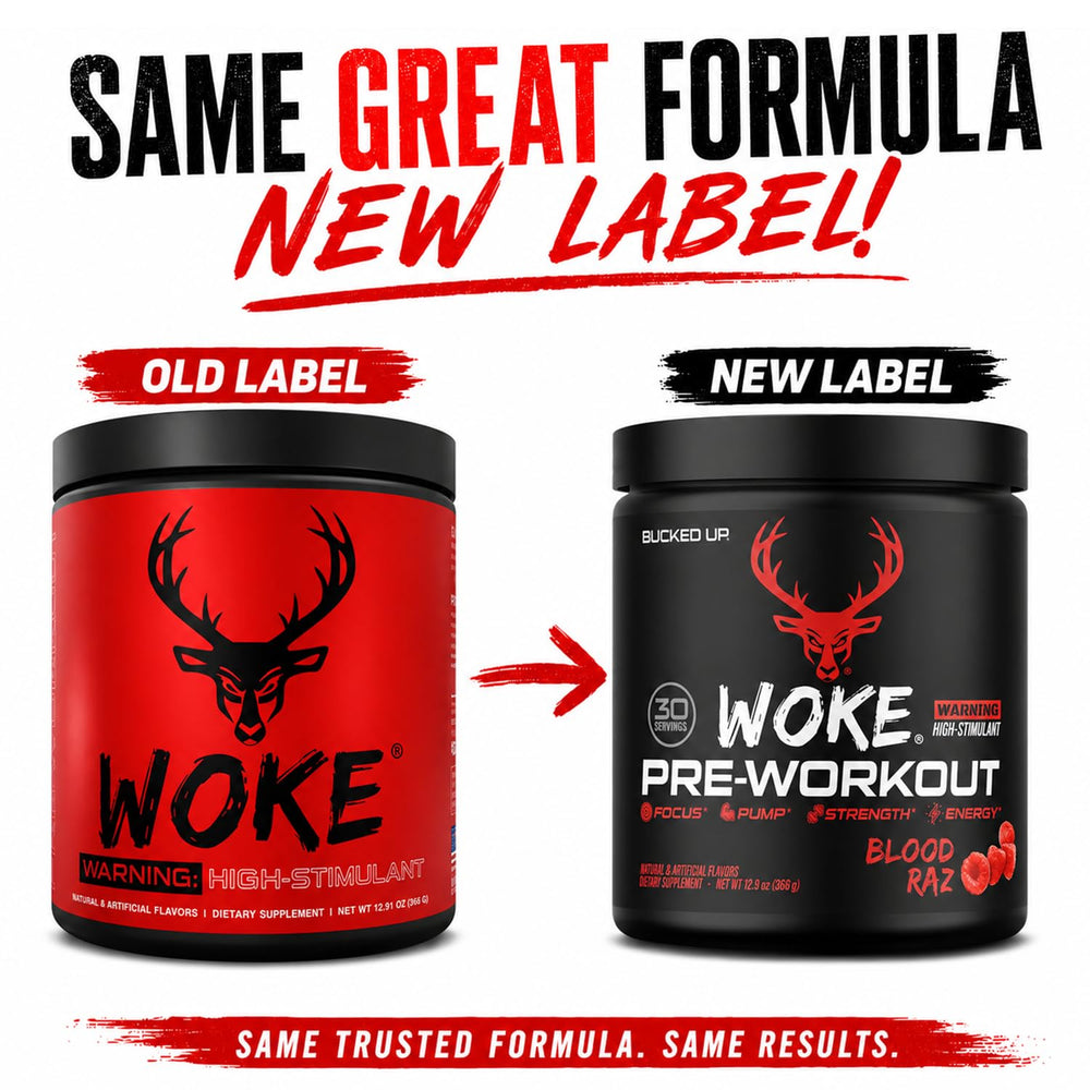 Bucked Up Woke detalle de etiqueta nutricional y lista de ingredientes clave
