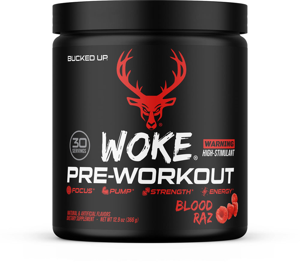Bucked Up Woke envase frontal que muestra presentación y sabor Blood Raz
