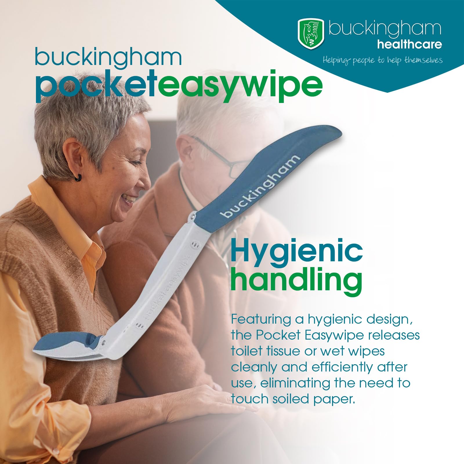 Buckingham Pocket Easywipe en uso ayudando a una persona a limpiarse con discreción