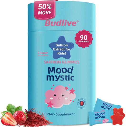 BudLive frontal del empaque mostrando 90 gomitas y beneficios para padres