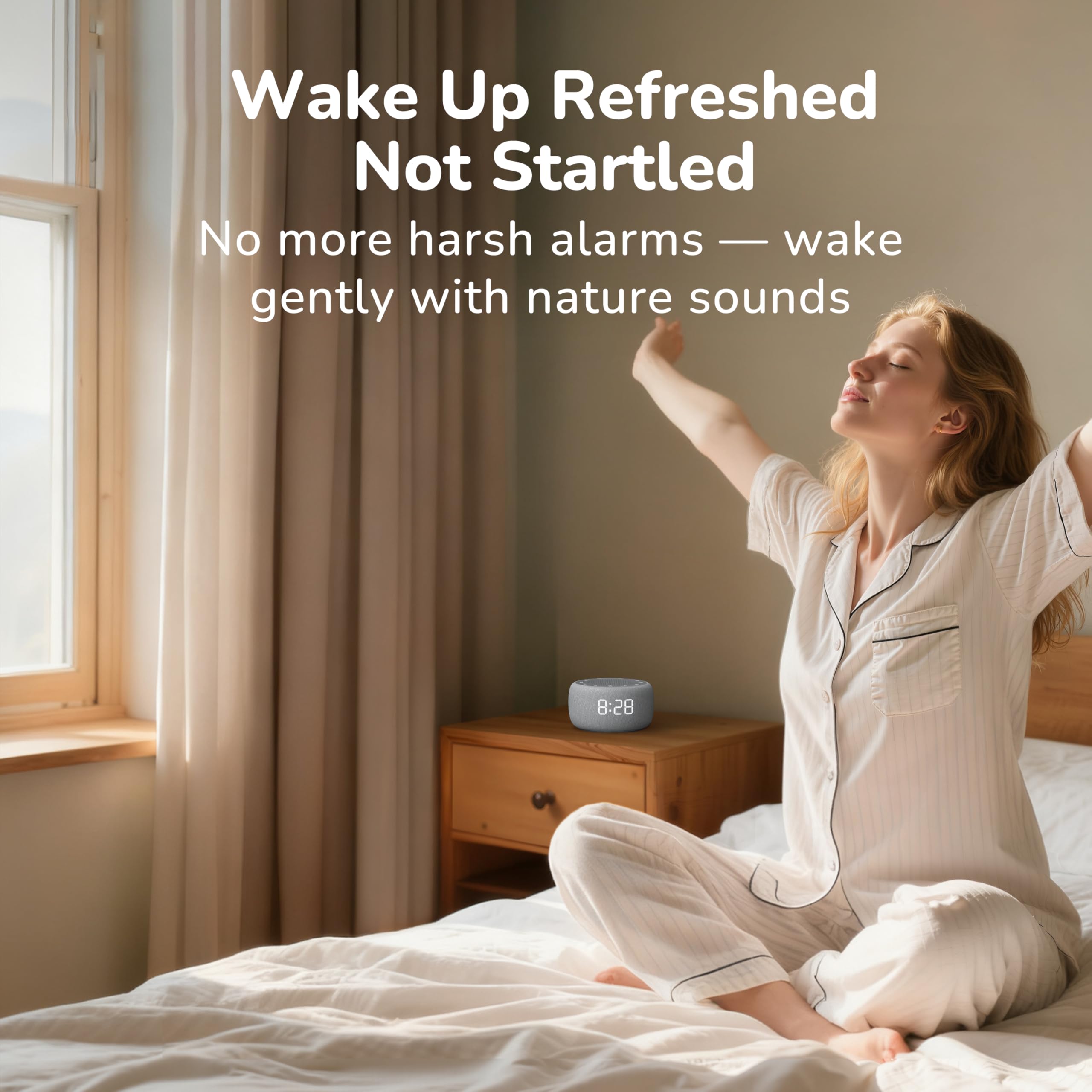 BUFFBEE en uso sobre mesita como máquina de sonido para dormir mejor