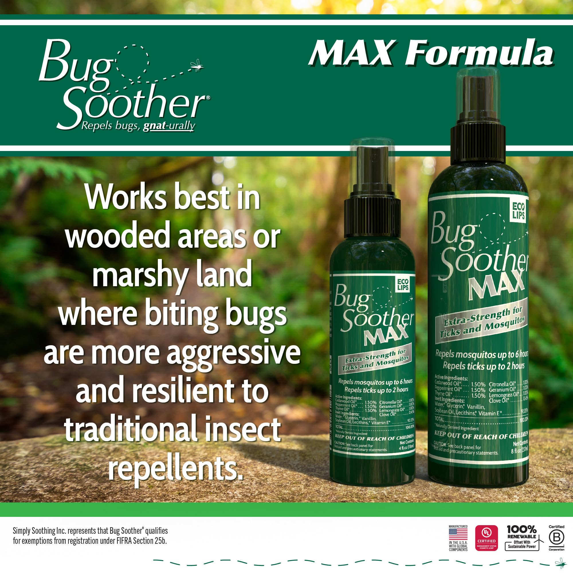 Bug Soother MAX envase 8 oz junto a objeto para escala clara