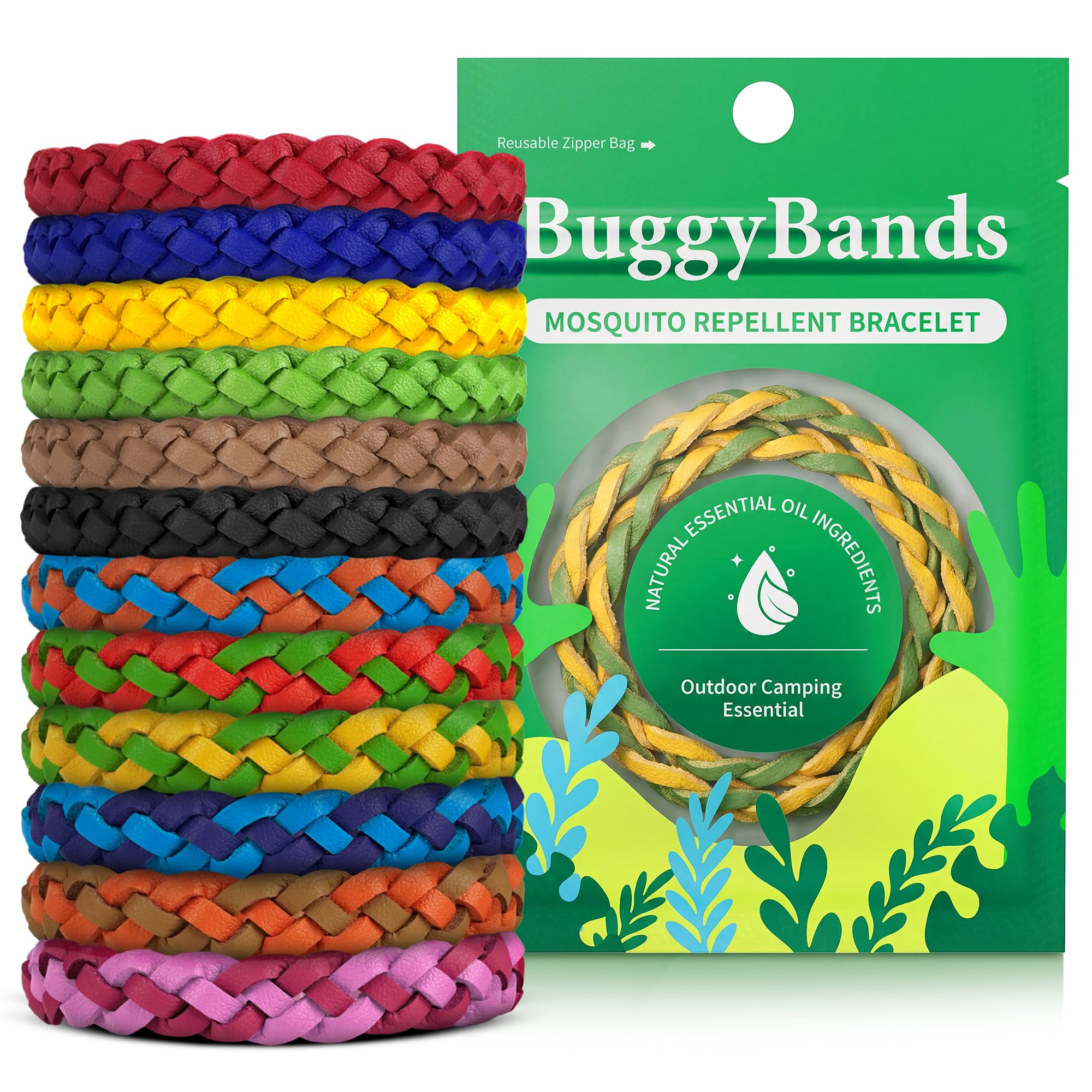 BuggyBands empaque frontal mostrando 24 pulseras y beneficios naturales
