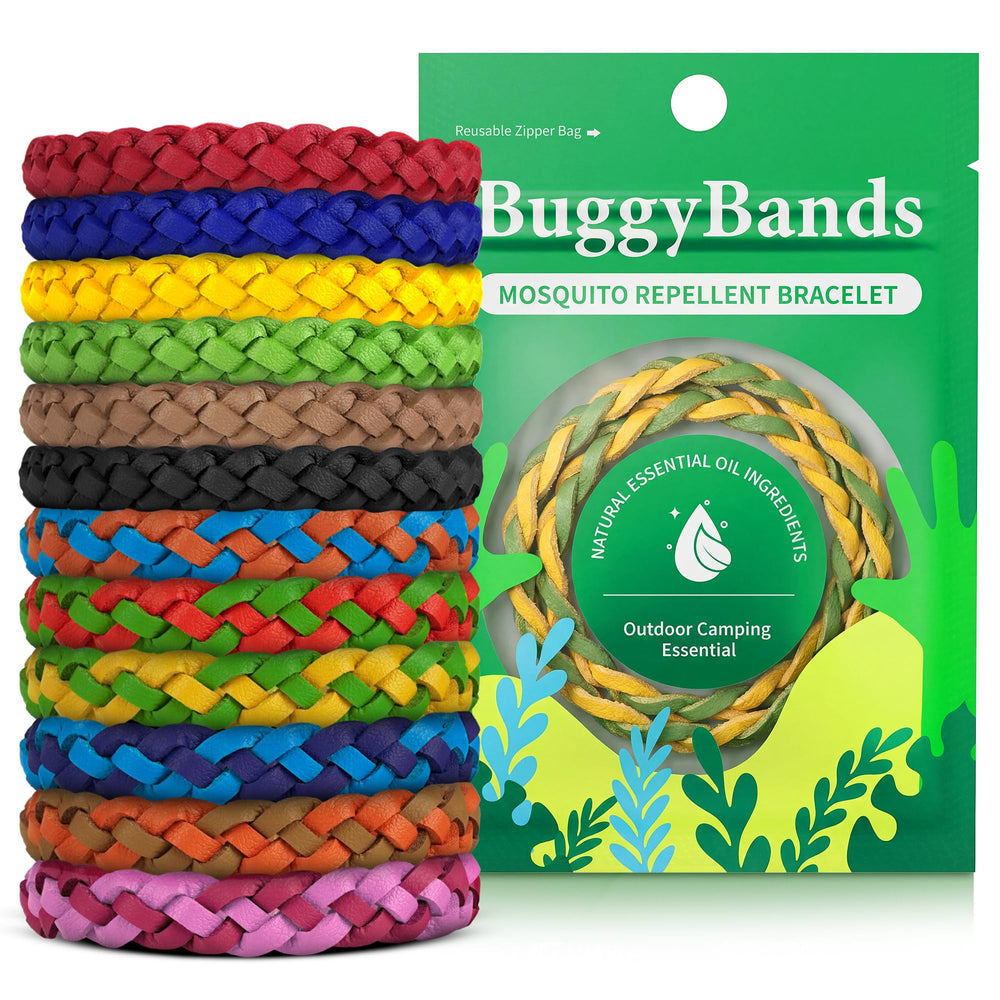 BuggyBands empaque frontal mostrando 24 pulseras y beneficios naturales
