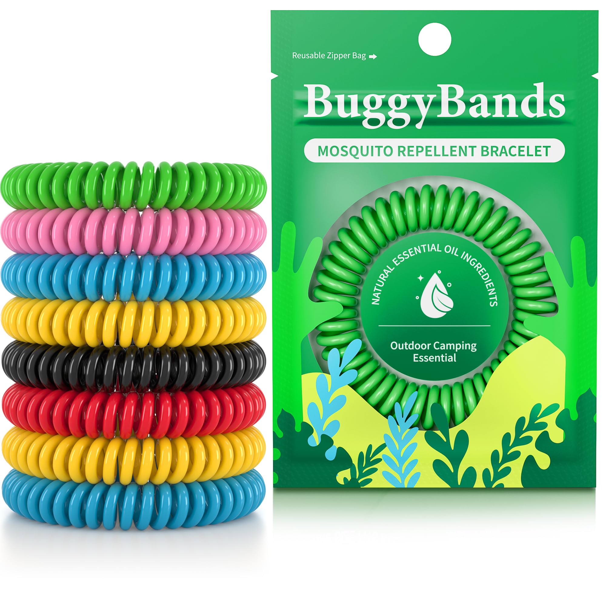 BuggyBands empaque frontal mostrando 12 pulseras y colores variados, protección natural