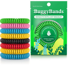 BuggyBands empaque frontal mostrando 12 pulseras y colores variados, protección natural