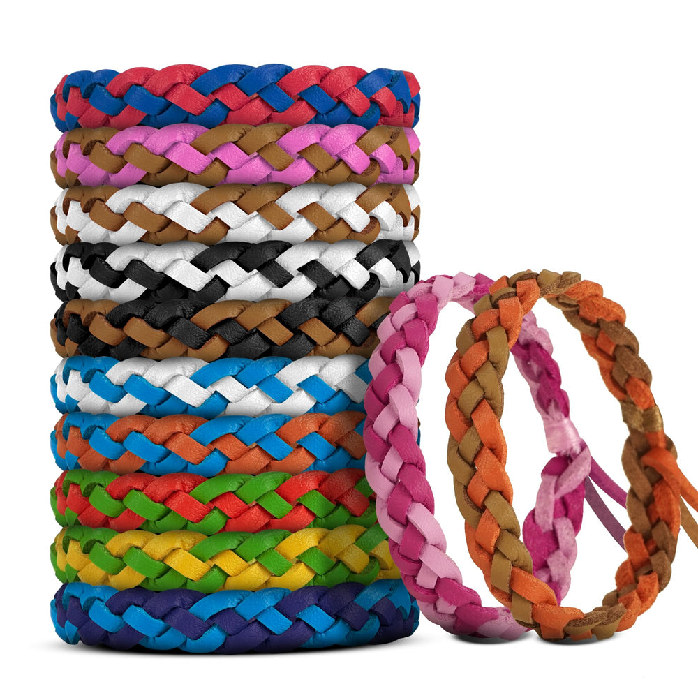 BuggyBands empaque frontal mostrando 12 pulseras y beneficios visibles