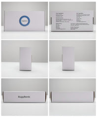 Etiqueta BuggyBands con lista de aceites esenciales naturales y origen vegetal