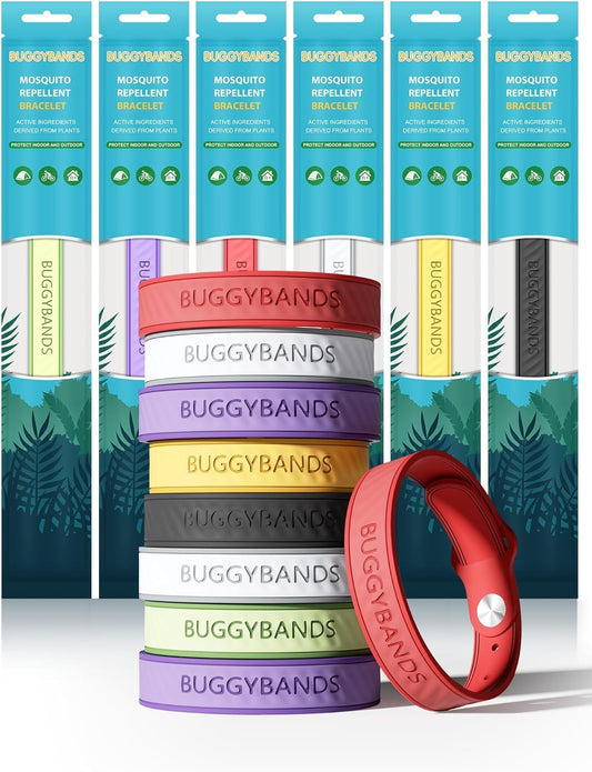 BuggyBands frente del empaque mostrando 12 pulseras y beneficios