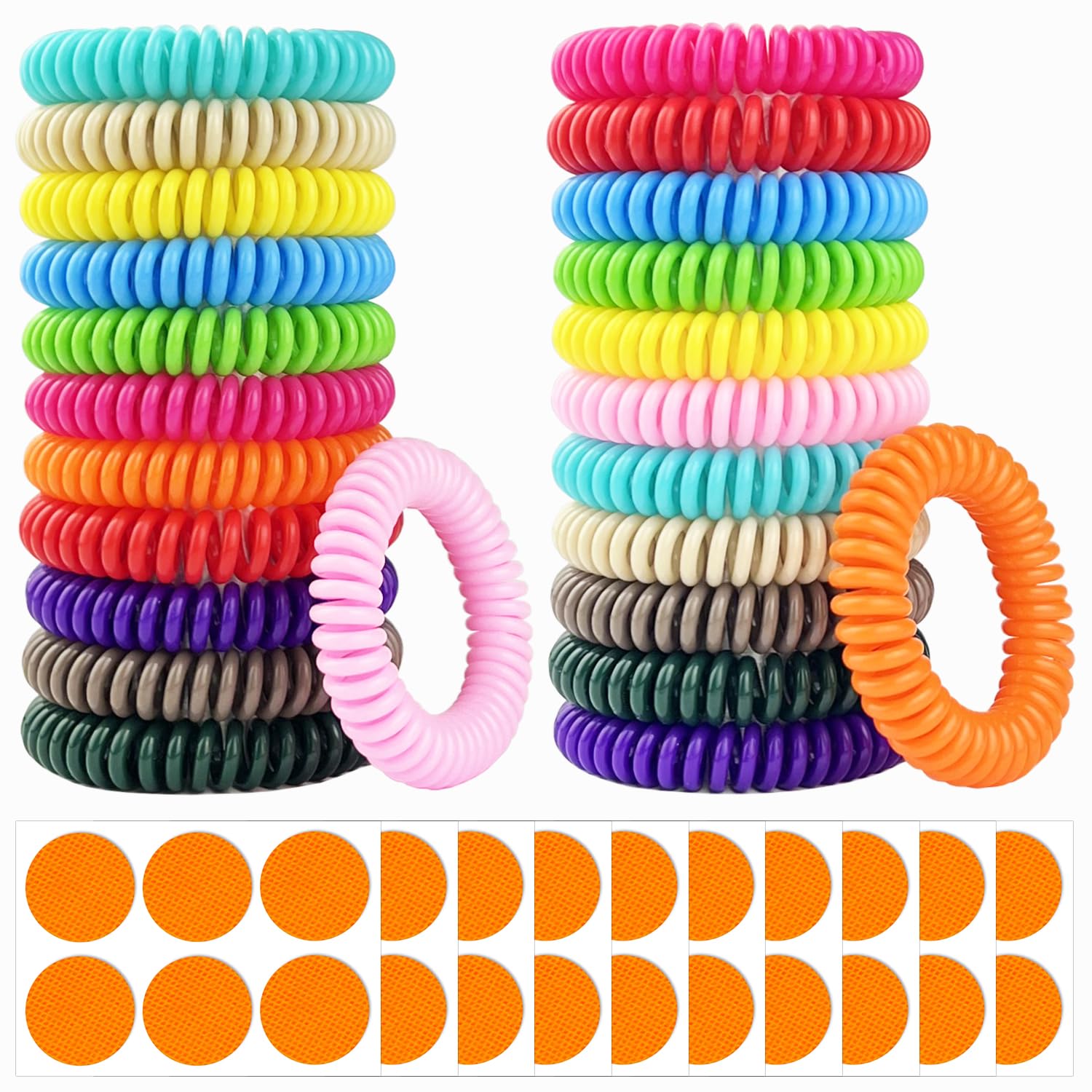 BuggyBands paquete frontal mostrando 24 pulseras coloridas y 60 stickers, protección práctica