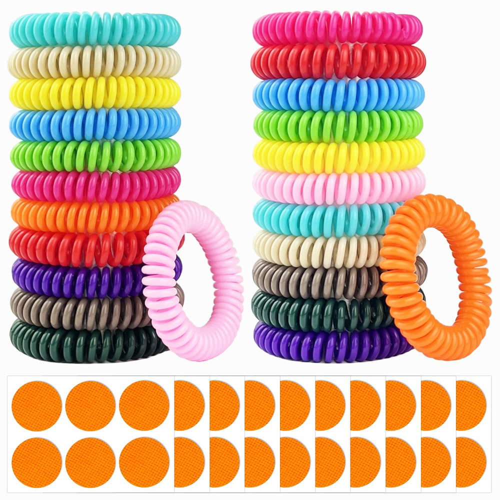 BuggyBands paquete frontal mostrando 24 pulseras coloridas y 60 stickers, protección práctica
