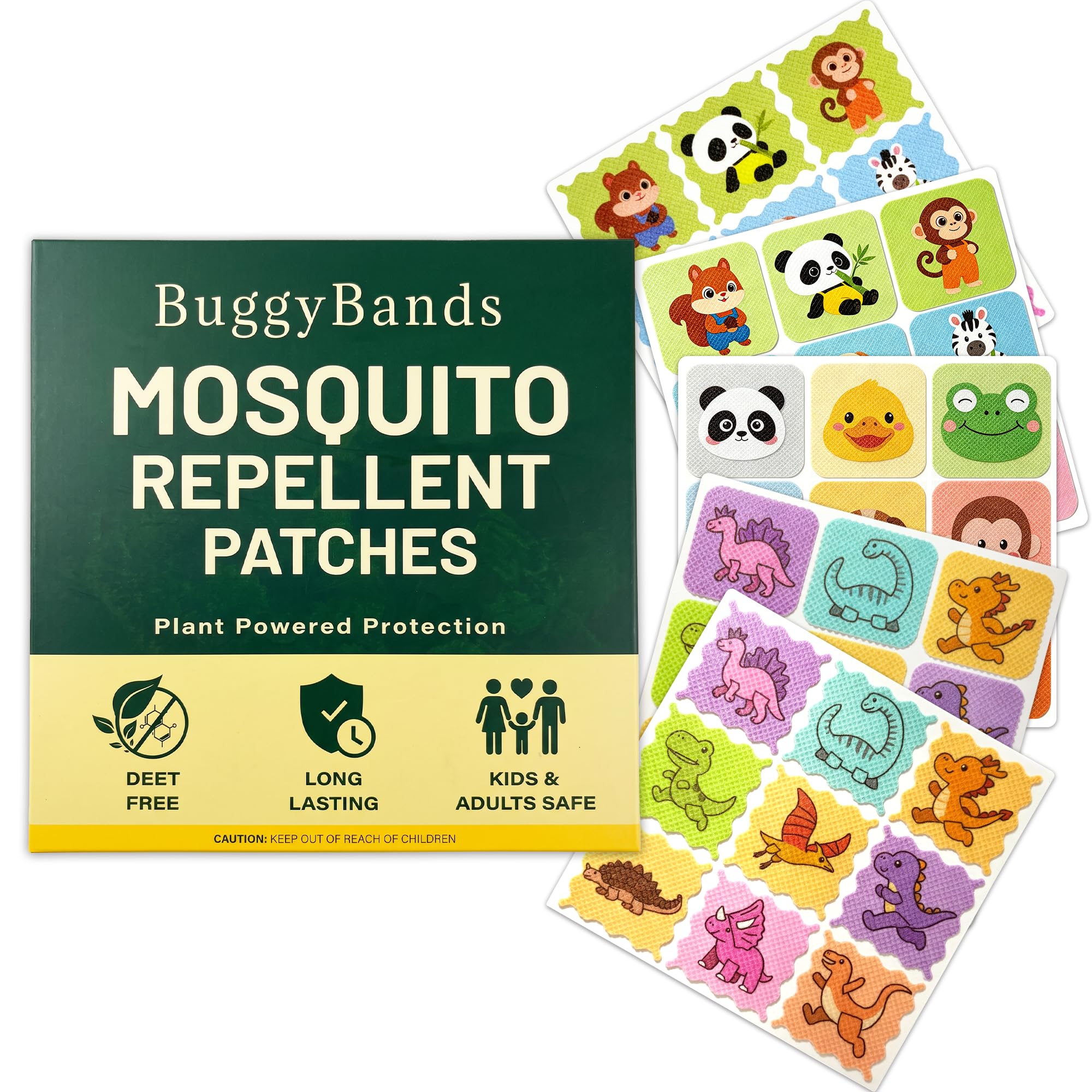 BuggyBands paquete frontal mostrando cantidad y diseños, beneficio: suministro familiar