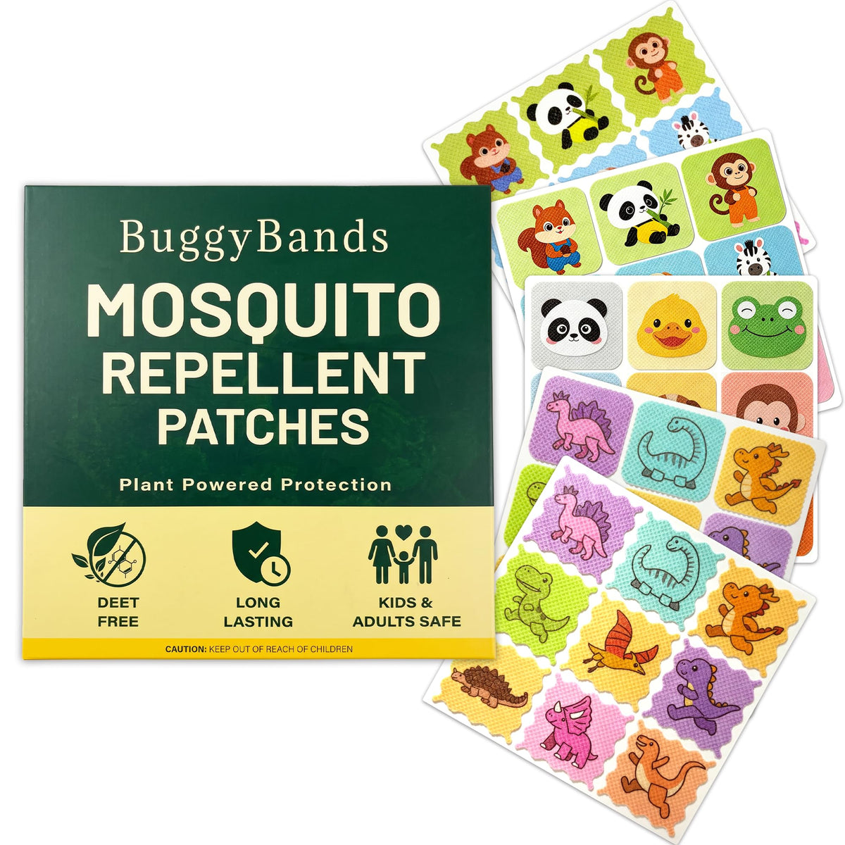 BuggyBands paquete frontal mostrando cantidad y diseños, beneficio: suministro familiar