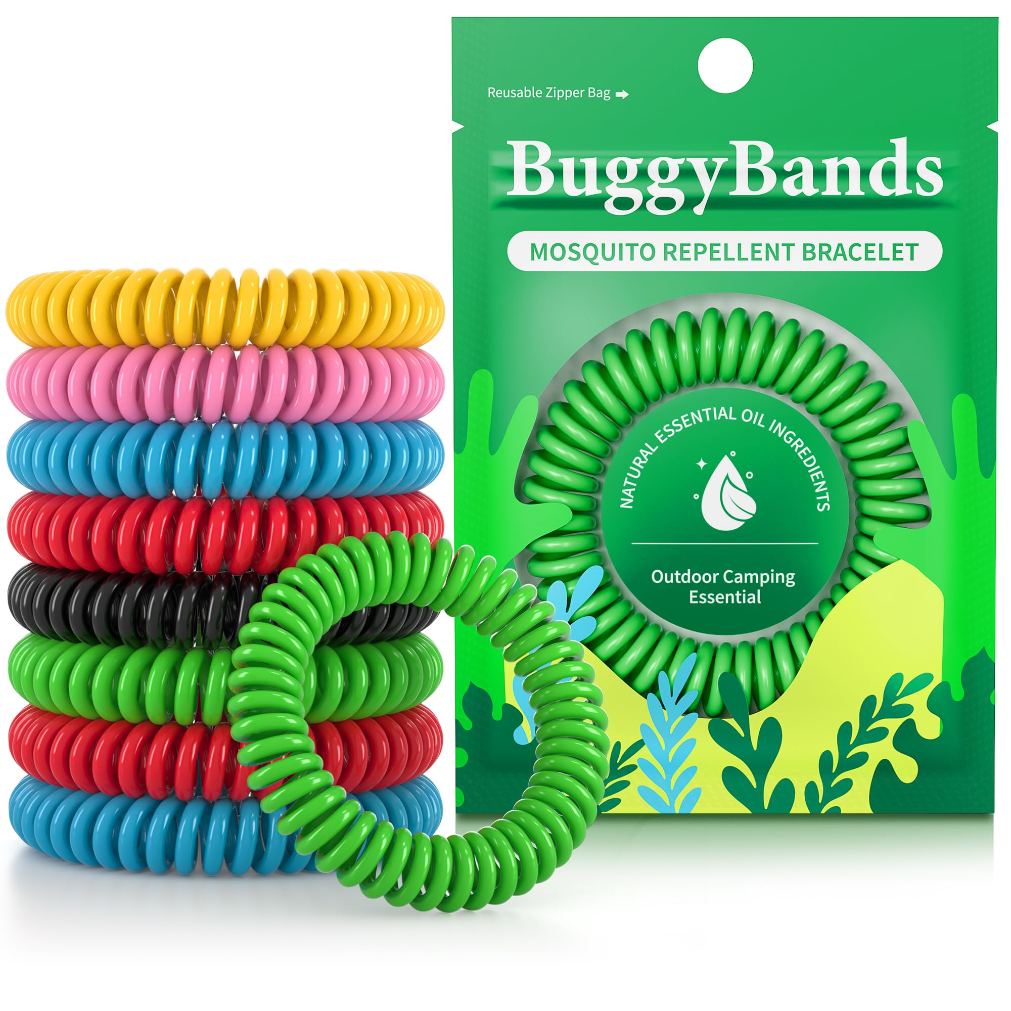 BuggyBands paquete frontal mostrando 48 pulseras y variedad de colores y beneficio práctico