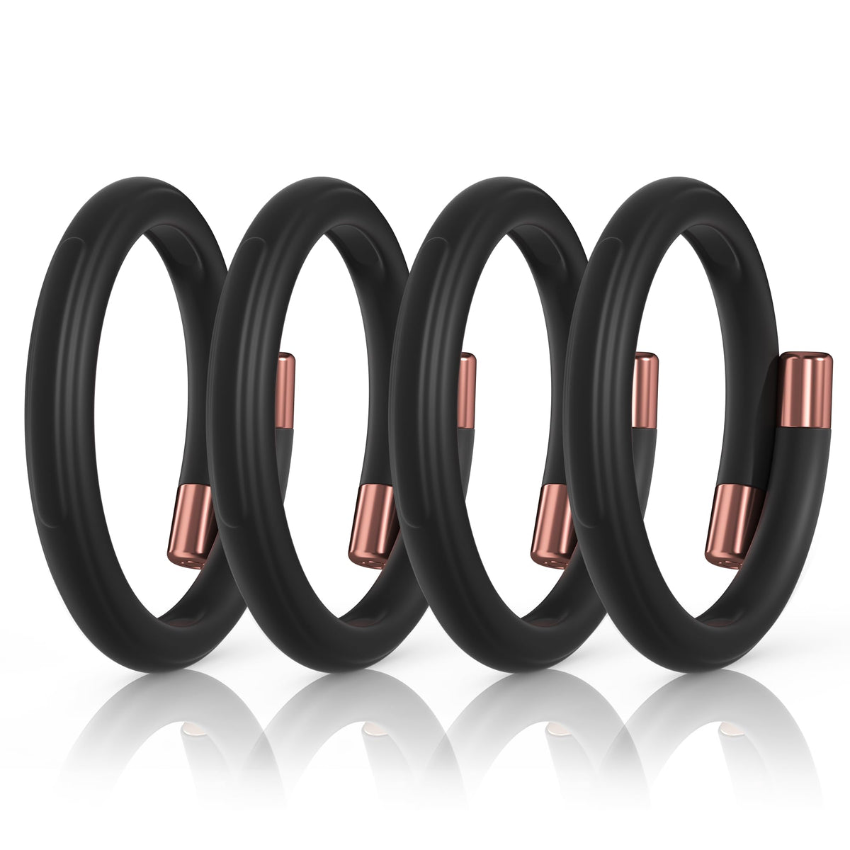 BuggyBands vista frontal del pack de 4 pulseras negras, protección portátil