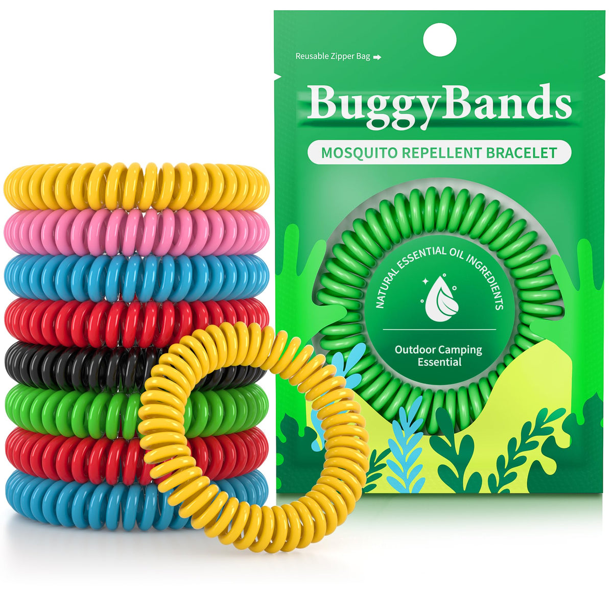 BuggyBands pulsera paquete frontal mostrando cantidad y embalaje, comodidad inmediata