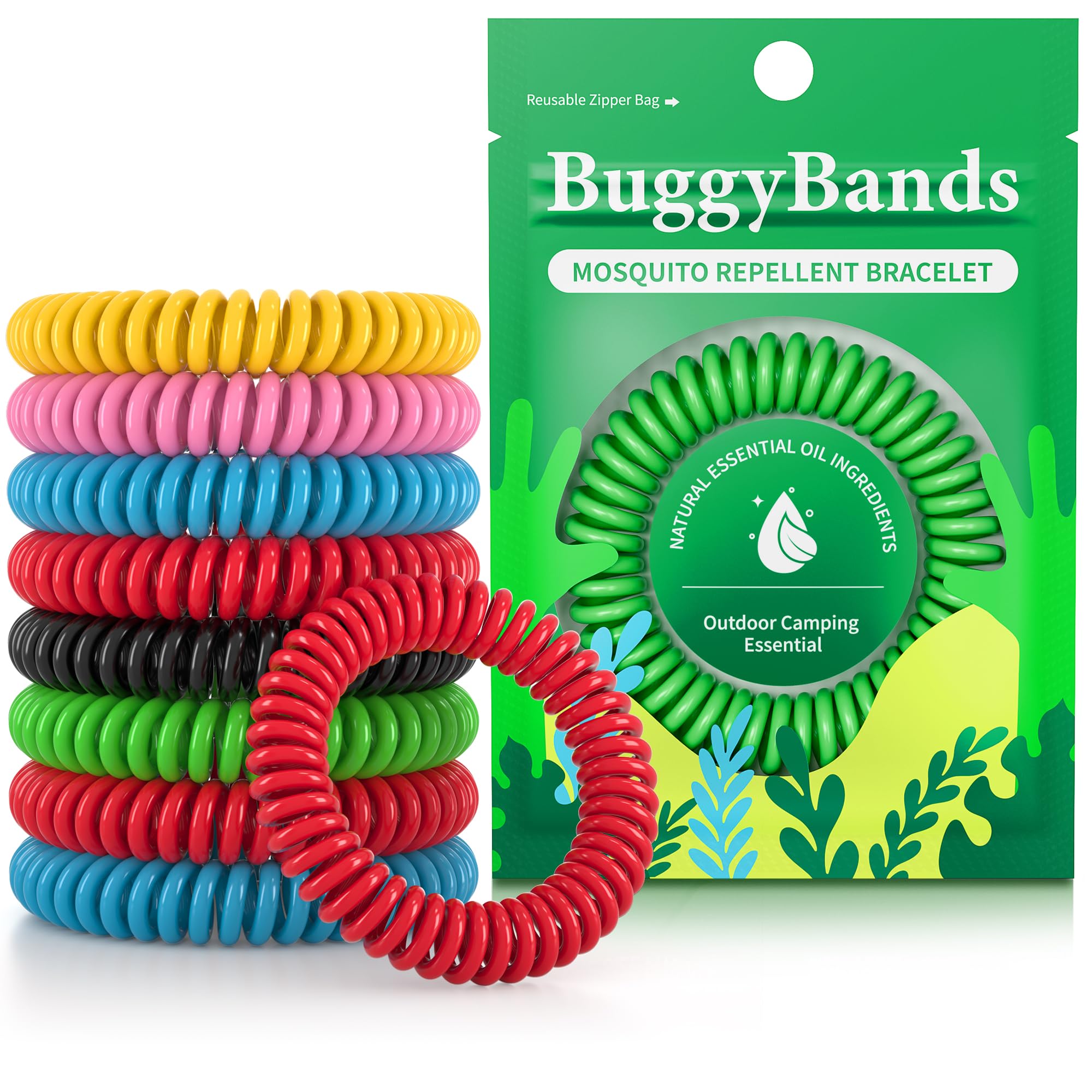 BuggyBands empaque frontal mostrando 24 pulseras y beneficio práctico