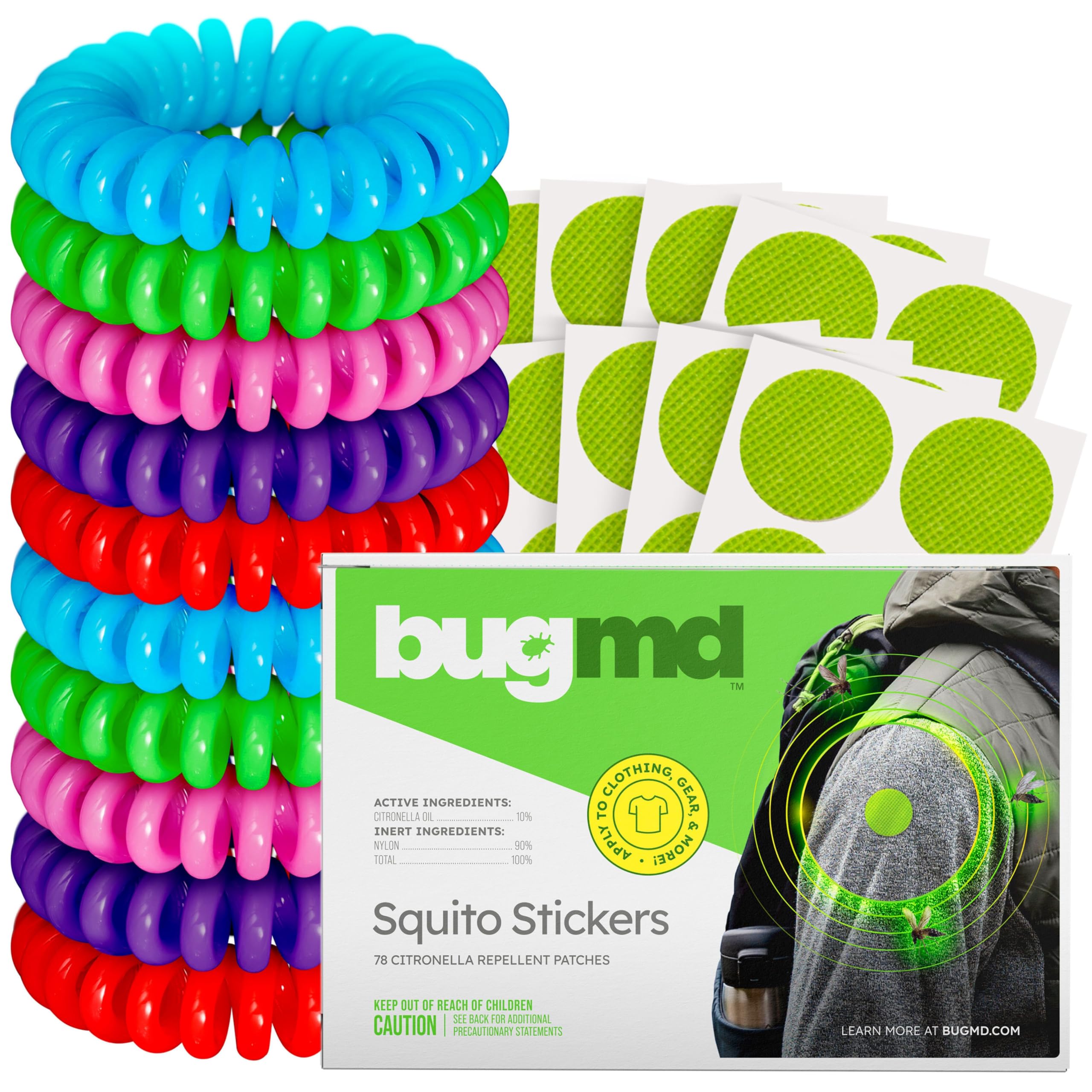 BugMD paquete frontal con pegatinas y pulseras, protección natural visible
