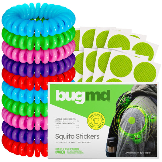 BugMD paquete frontal con pegatinas y pulseras, protección natural visible