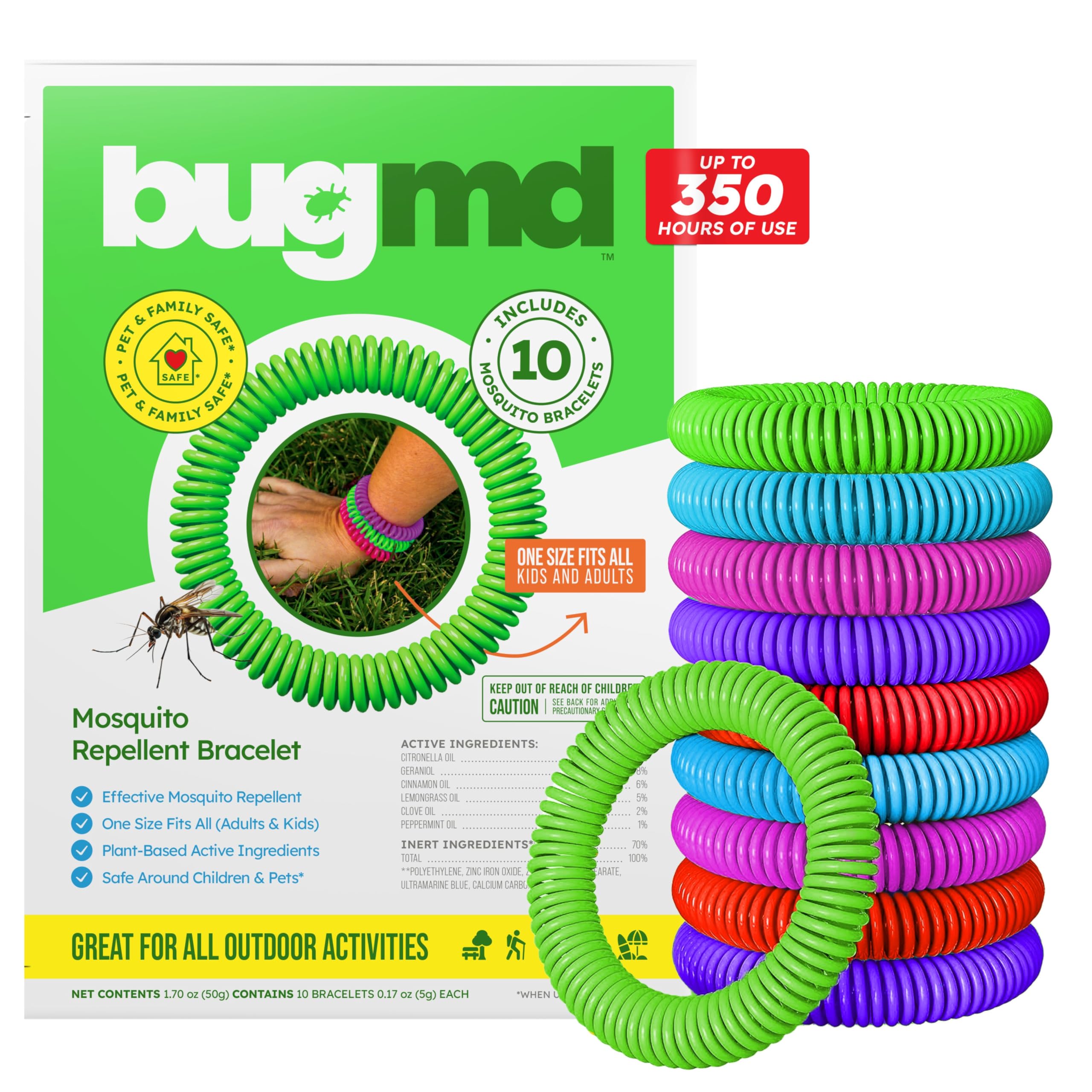 BugMD paquete frontal con 10 pulseras visibles y colores variados para protección natural