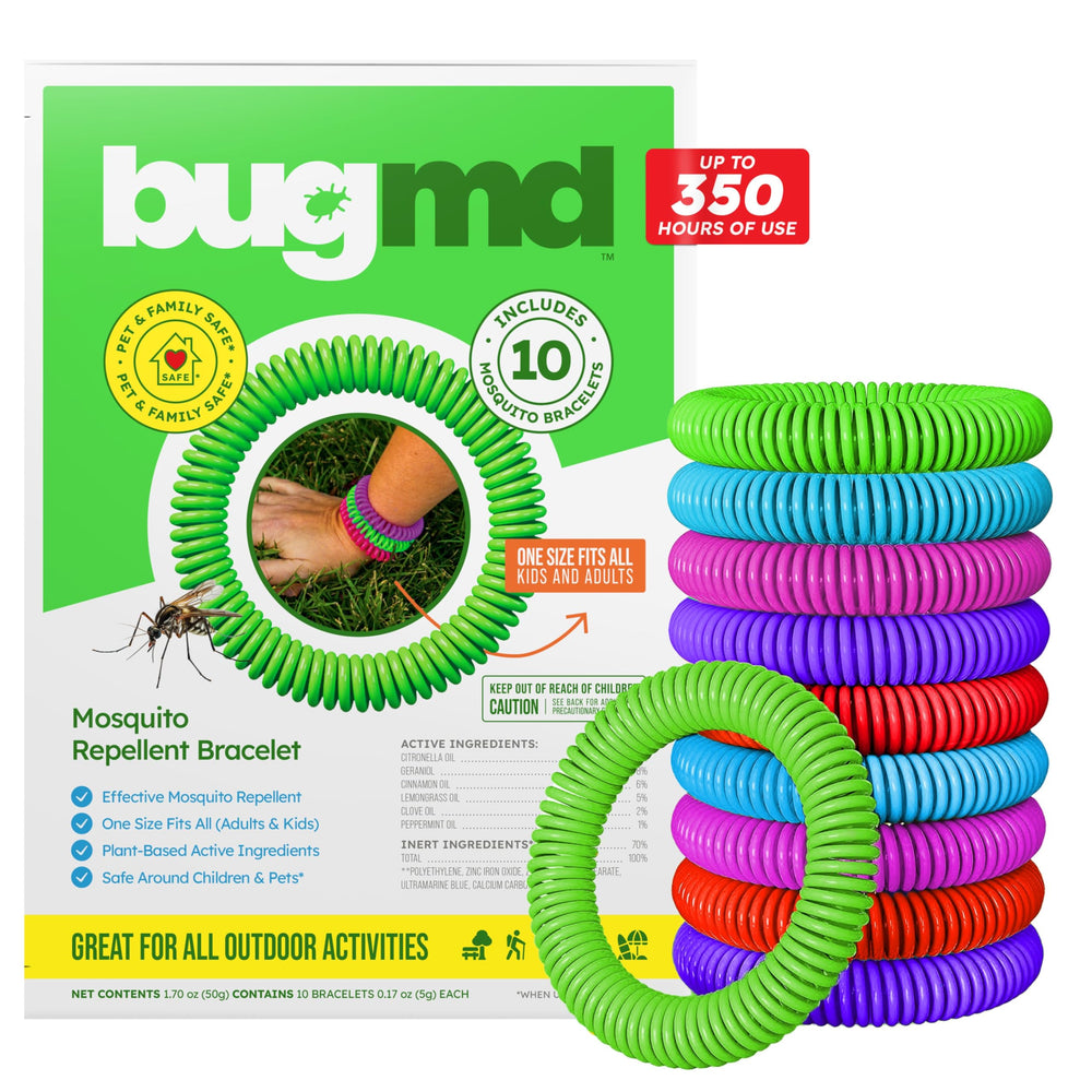 BugMD paquete frontal con 10 pulseras visibles y colores variados para protección natural