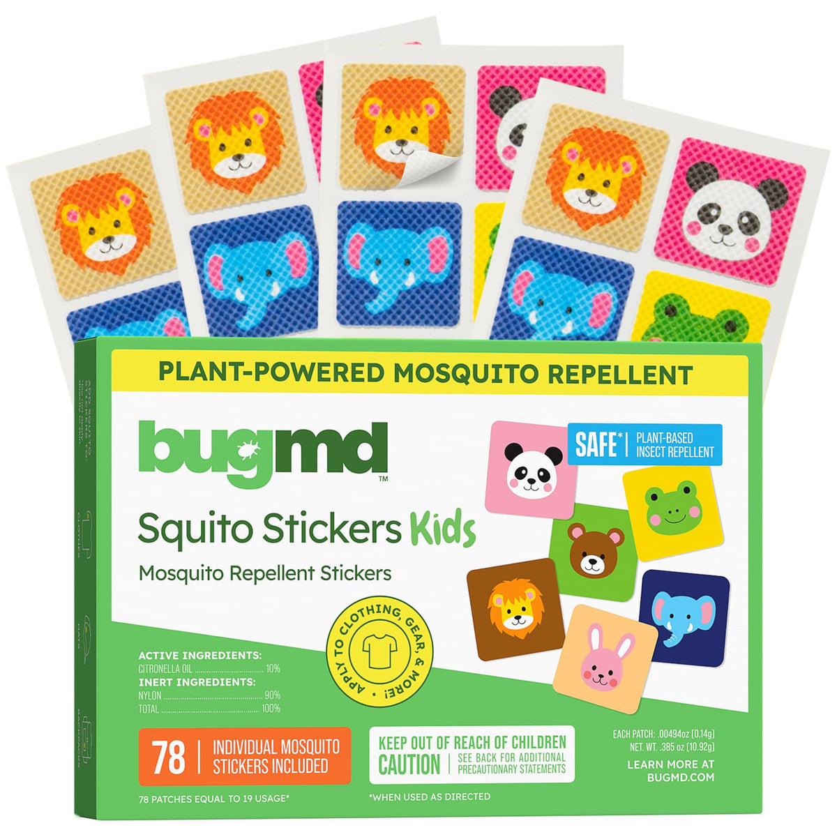 BugMD empaque frontal colorido mostrando parches y beneficios