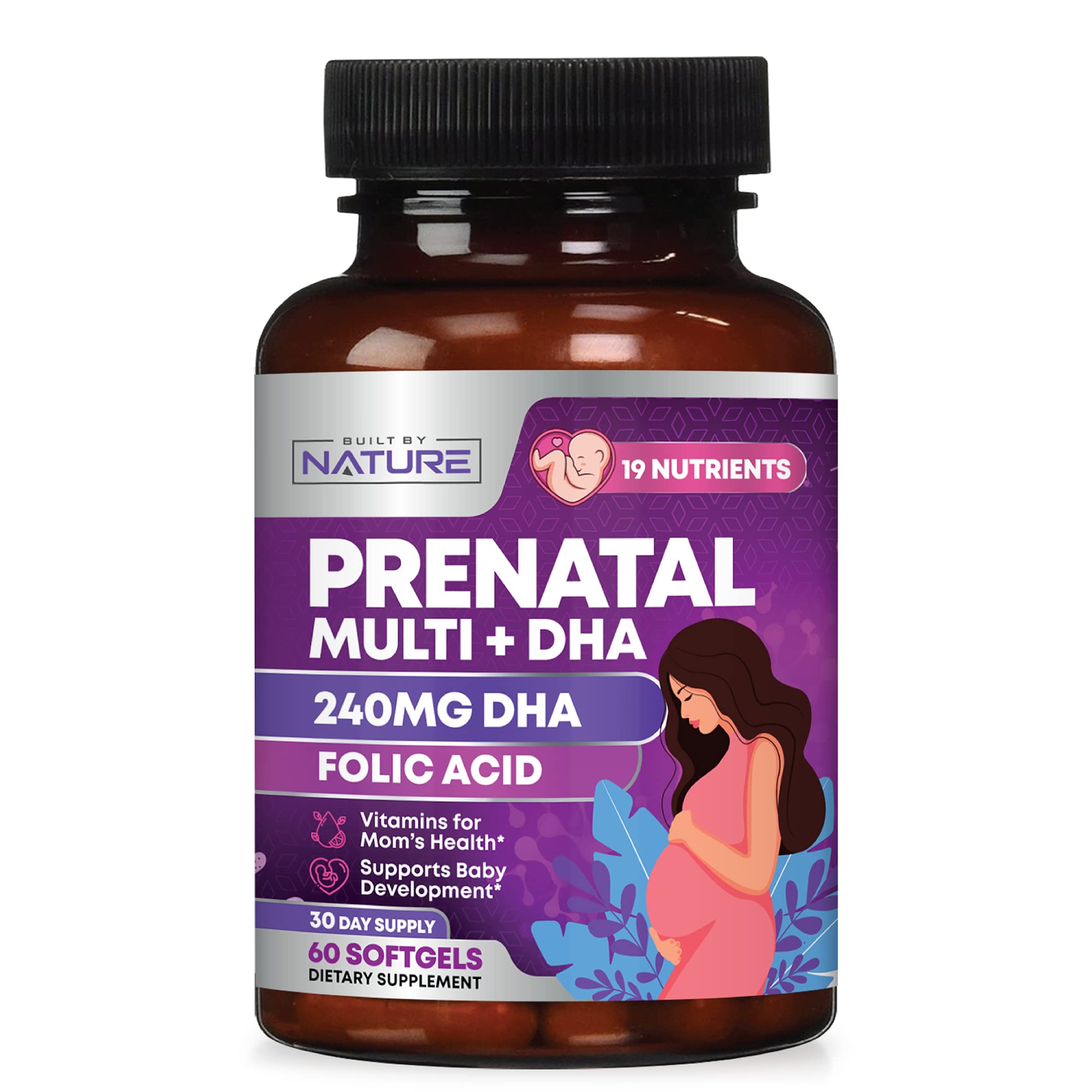 Built by Nature envase frontal prenatal mostrando 60 softgels y comodidad